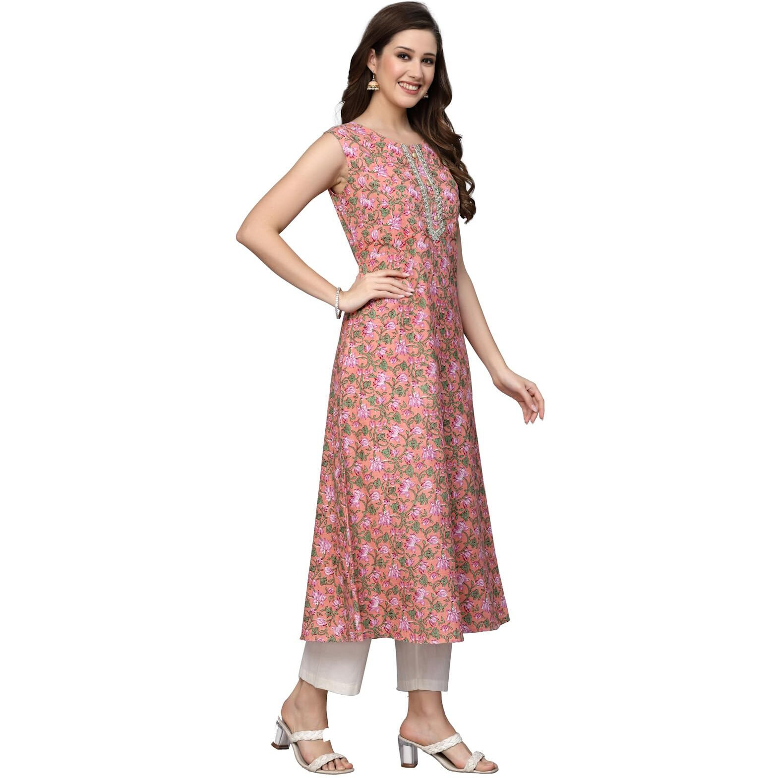Stylum Women's Floral Printed Cotton A-Line Kurta (Cooper_Peach) (X-Small)