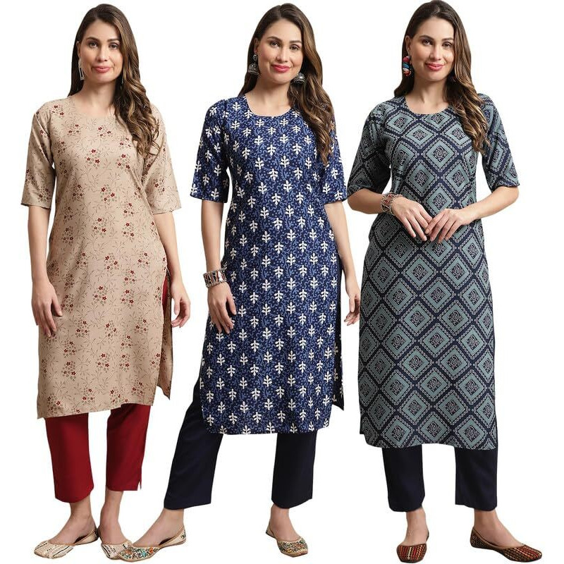 Pinkmint Straight Crepe Kurta & Pant For Women Ethnic Kurta Set For Women (Pack Of 3)