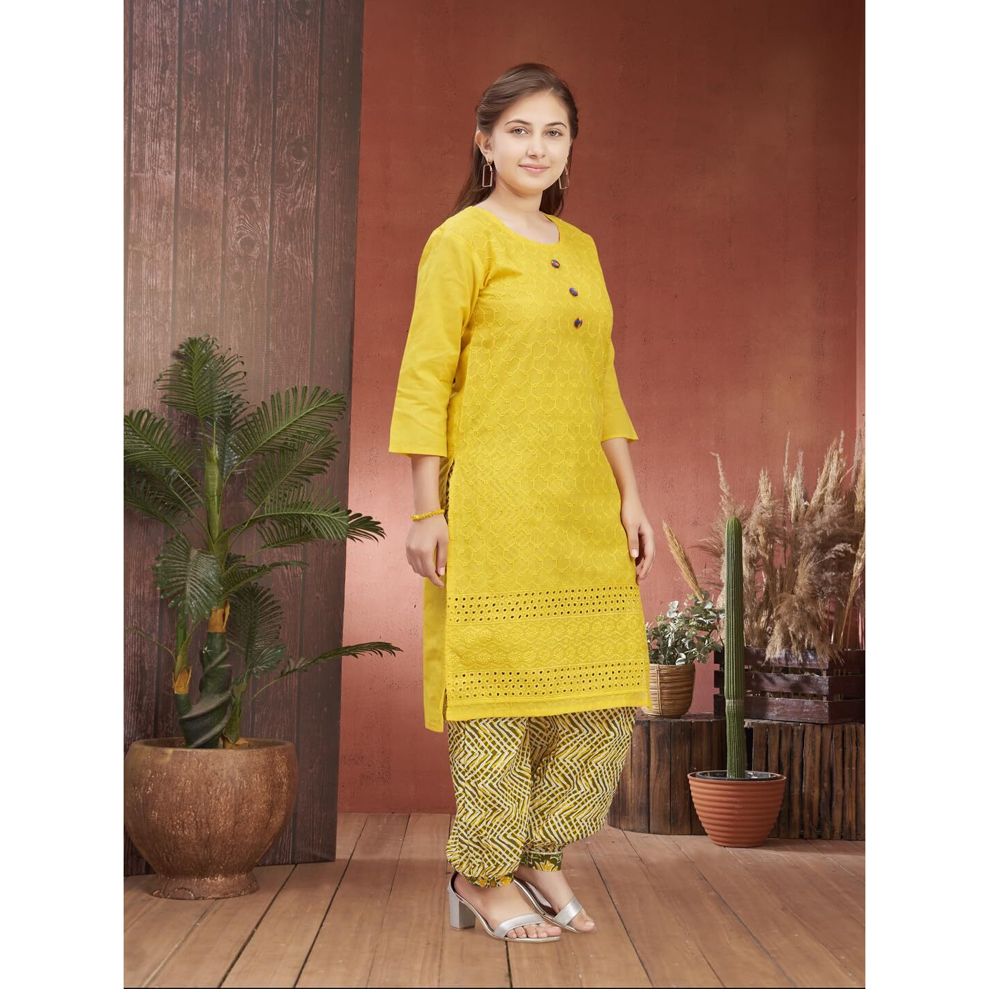 Aarika Girls Casual Wear Yellow Colour Embroidery Cotton Kurti (7-15 Years)