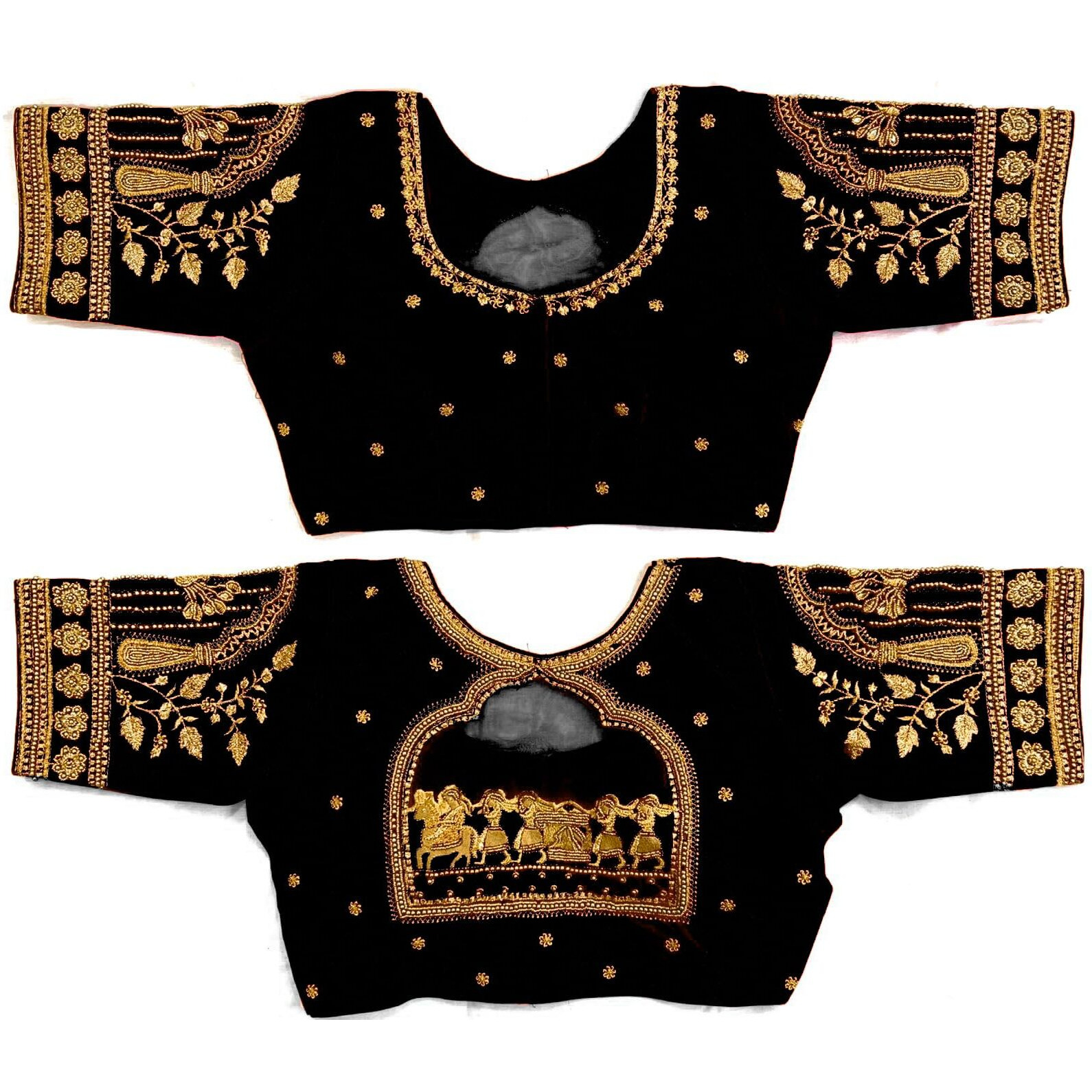 Pujia Mills Women's Golden Zari Embroidery Work With Heavy Maggam Work Multicolor Blouse(Ruby) (Black, 38)