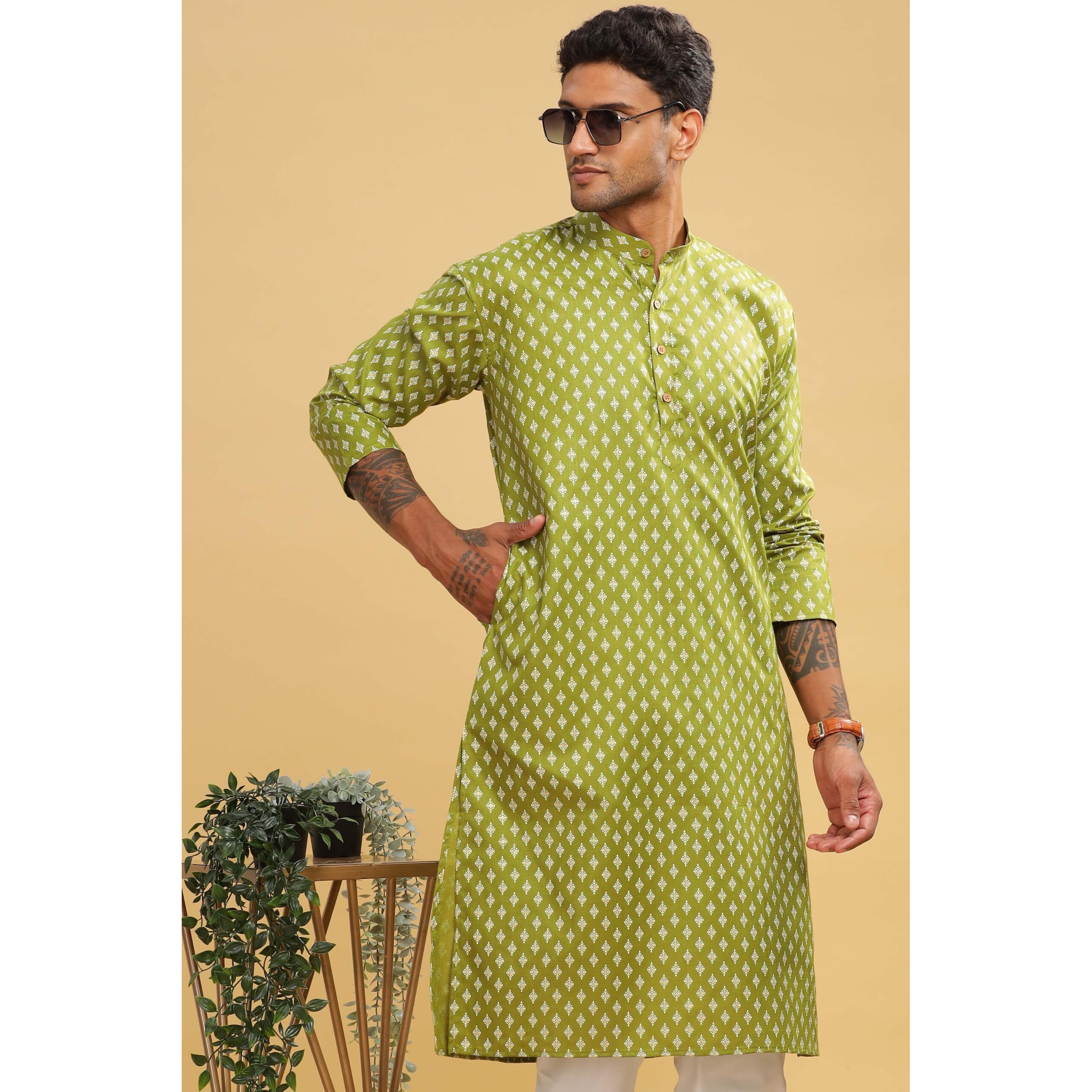 Be Active Men's Cotton Regular Fit Kurta (C-399-3_Green, Medium