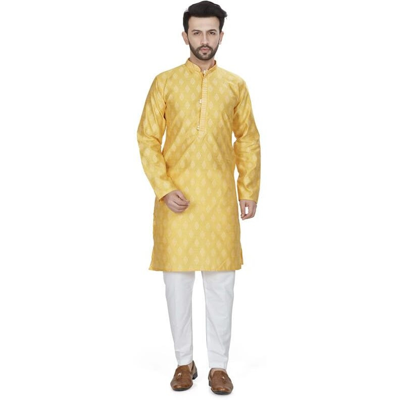 Be Active Men's Traditional Jacquard Full Sleeves Kurta || Cotton Kurta For Men || Men Kurta For Wedding || Kurta For Men (My0001 2 Xl/44) Yellow