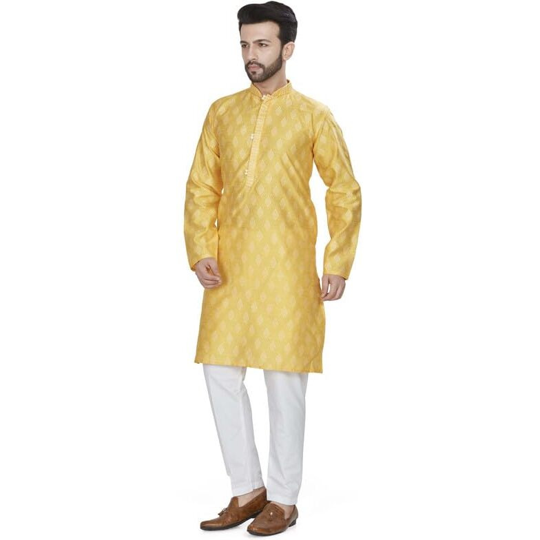 Be Active Men's Traditional Jacquard Full Sleeves Kurta || Cotton Kurta For Men || Men Kurta For Wedding || Kurta For Men (My0001 2 Xl/44) Yellow