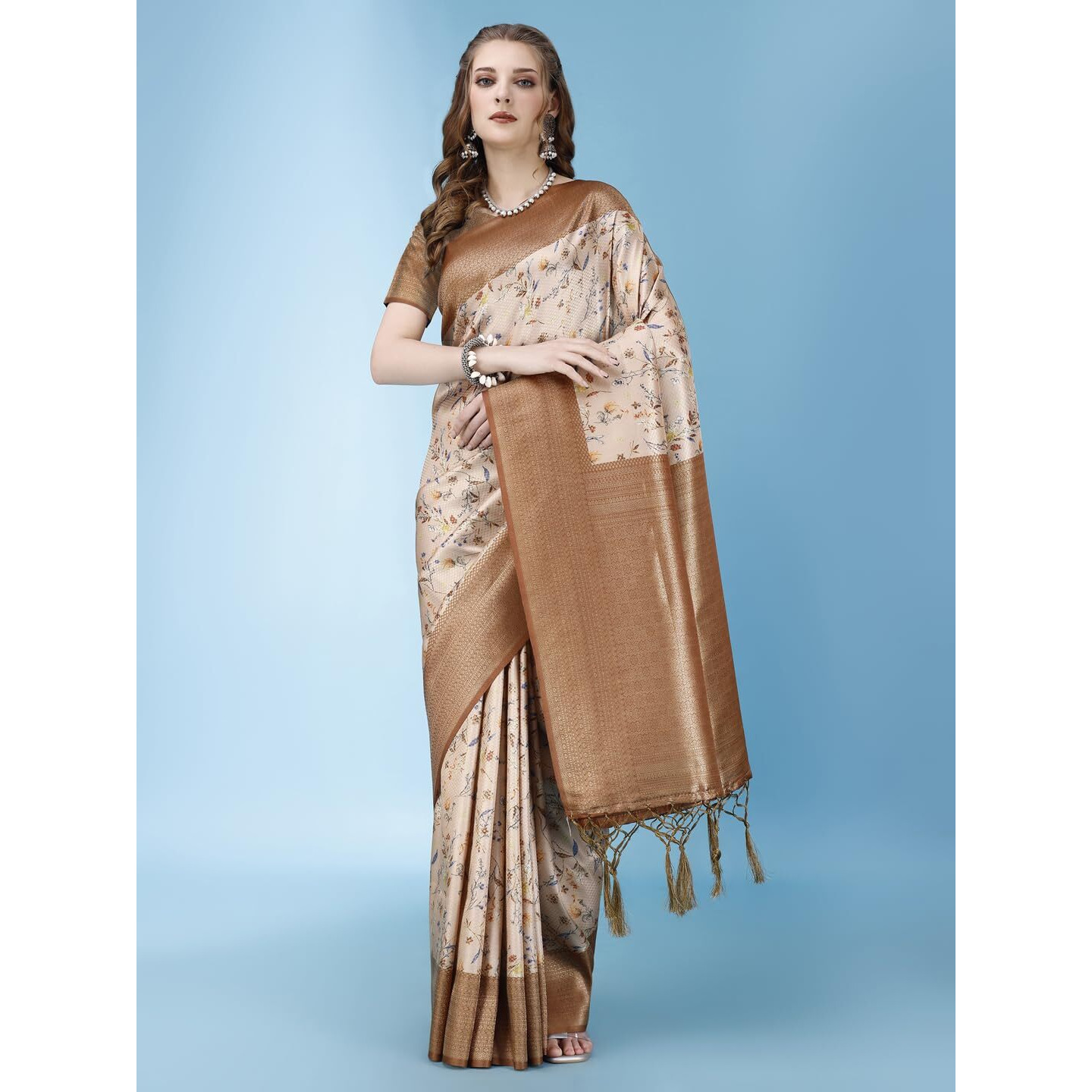 Pujia Mills Smooth Silk Saree For Women Indian Ethnic Wear Pure Silk Blend Zari Weaving Floral Digital Printed Smooth Silk Light Weight Brown Color Simple Saree Outfit