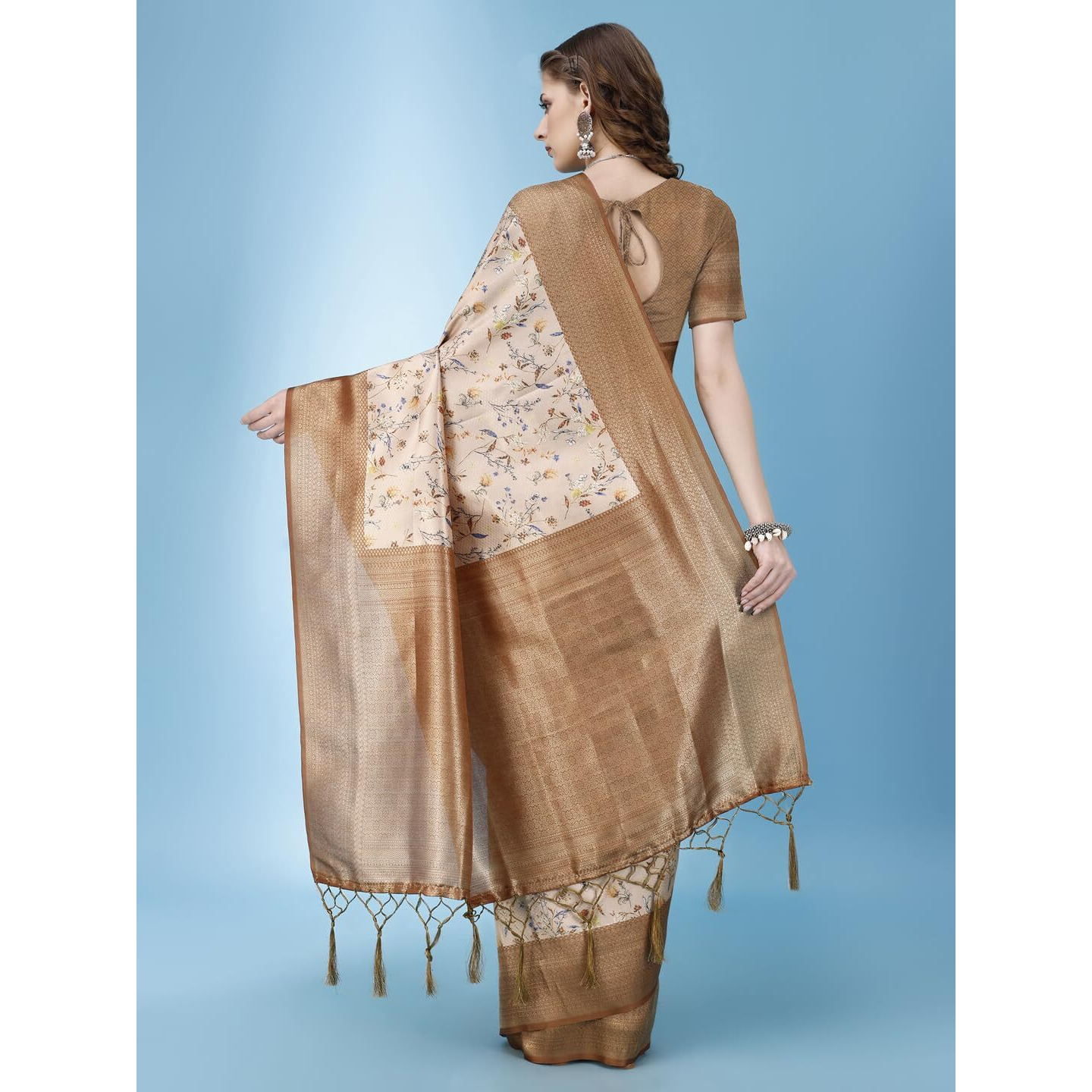 Pujia Mills Smooth Silk Saree For Women Indian Ethnic Wear Pure Silk Blend Zari Weaving Floral Digital Printed Smooth Silk Light Weight Brown Color Simple Saree Outfit