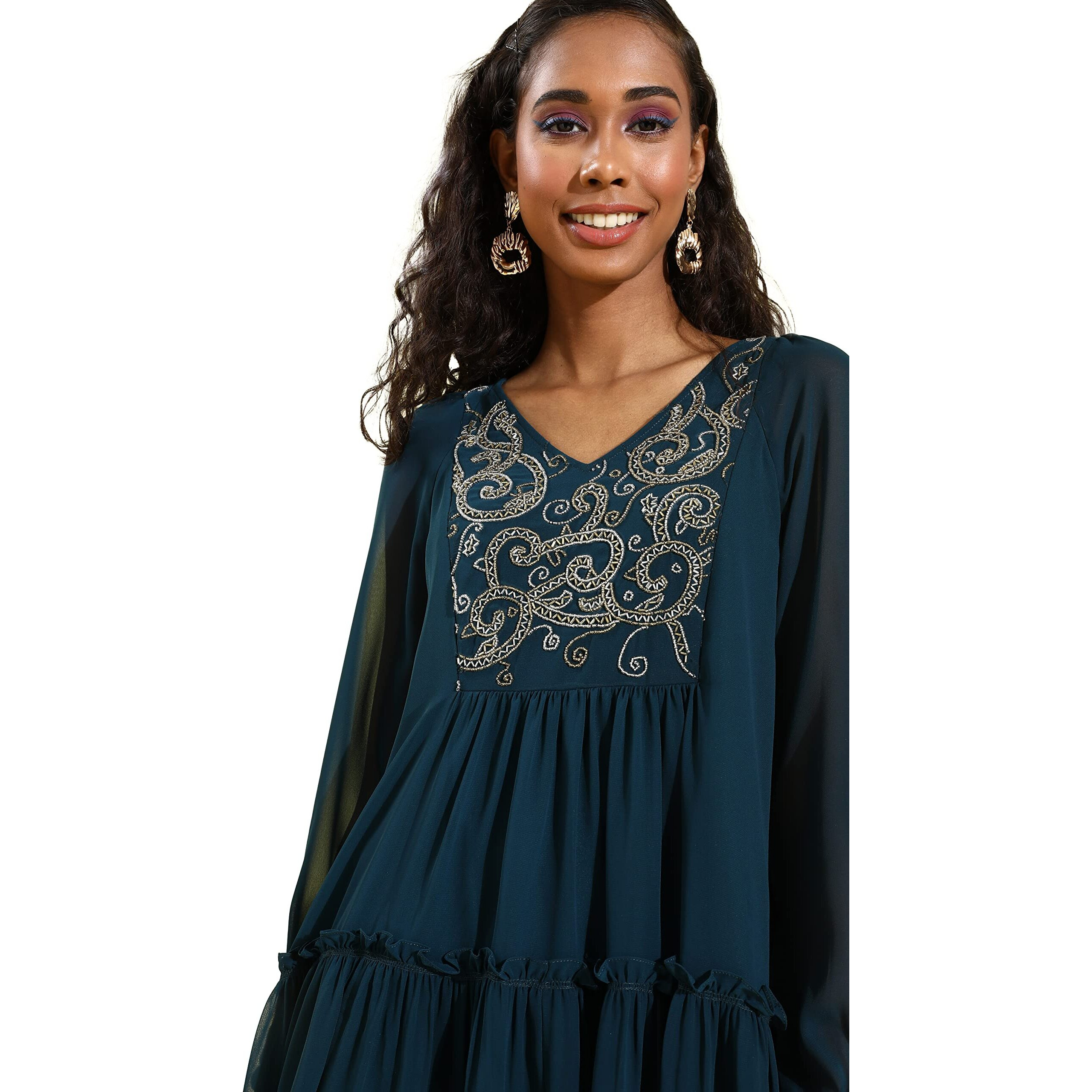 Miss Chase Women's Teal V-Neck Full Sleeve Solid Embellished Knee Length Dress(Mcaw21D13-20-83-05,Teal,L)