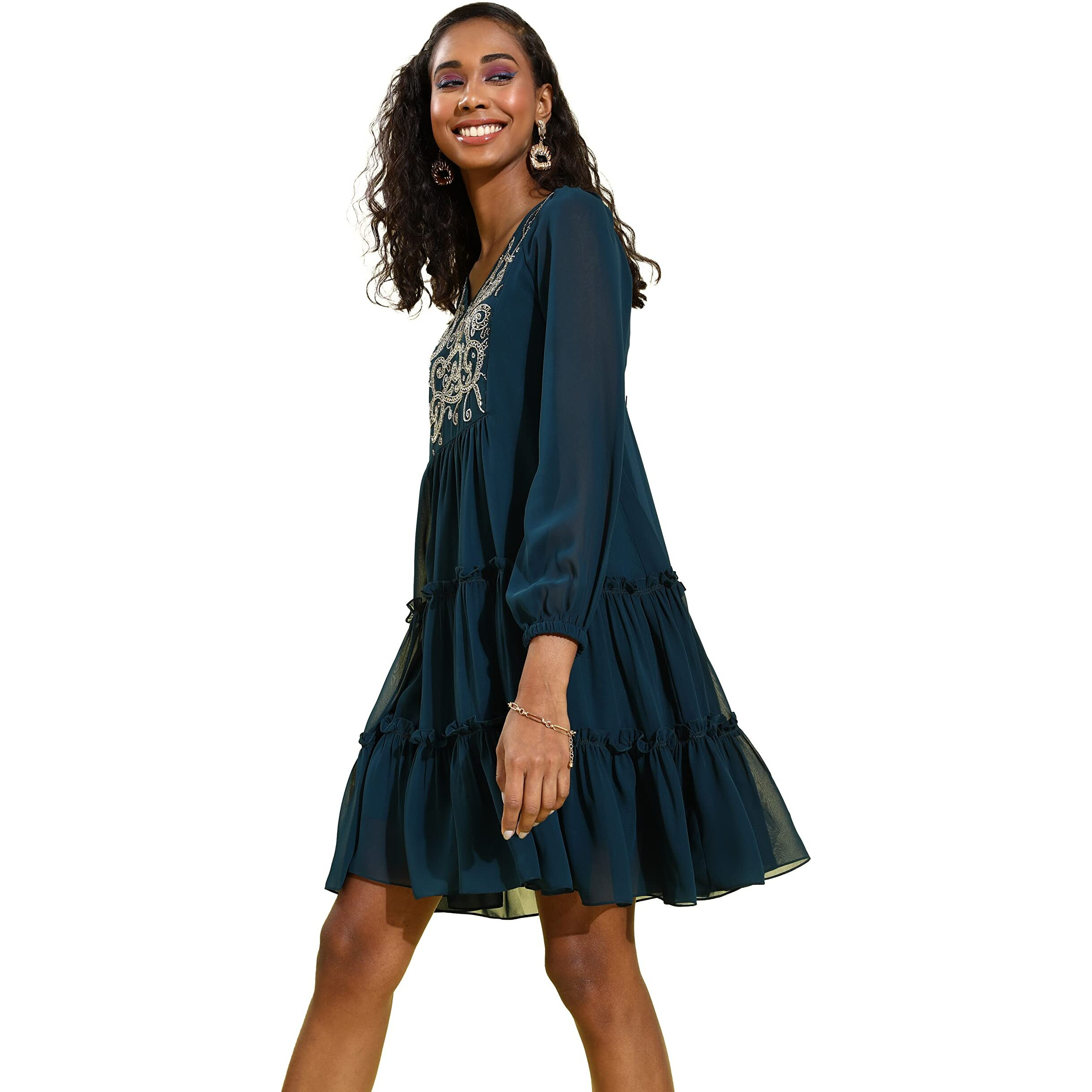 Miss Chase Women's Teal V-Neck Full Sleeve Solid Embellished Knee Length Dress(Mcaw21D13-20-83-05,Teal,L)