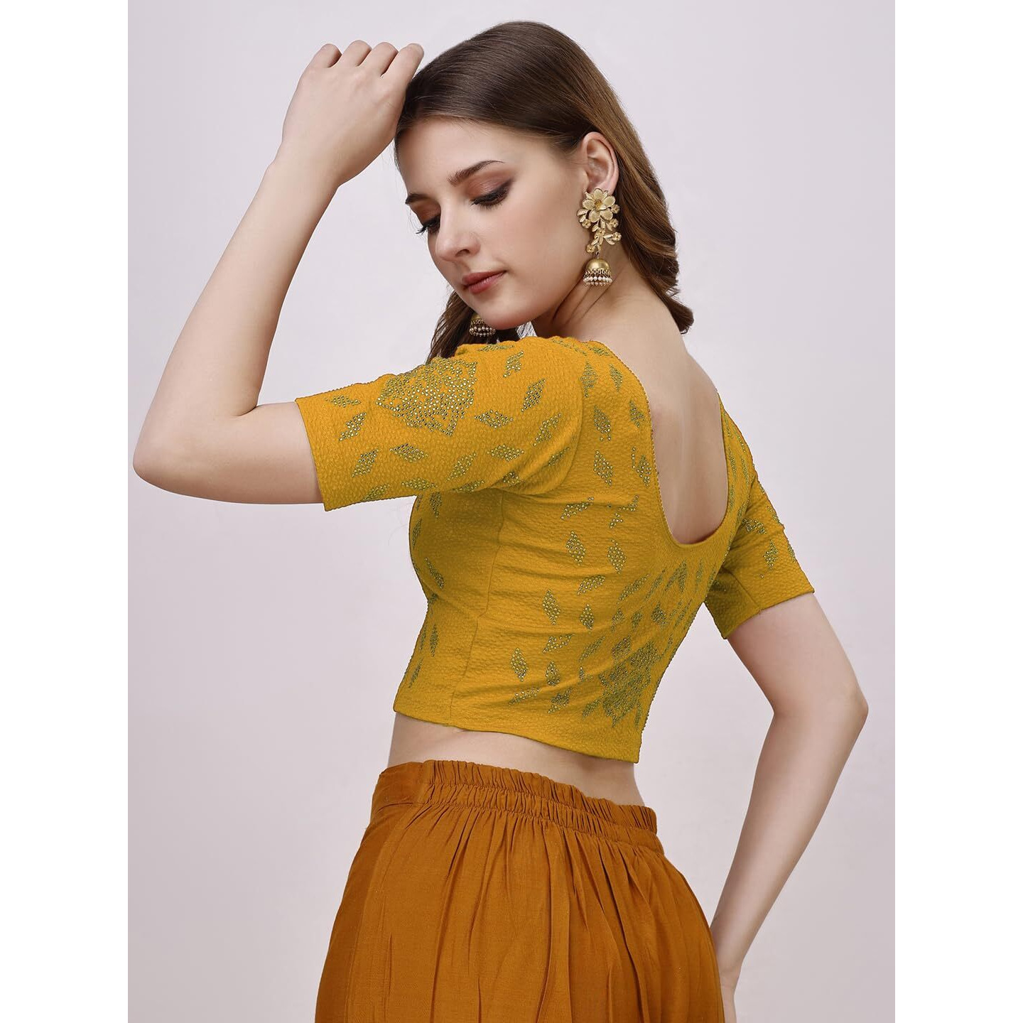 Pujia Mills Women's Embroidery Half Sleeve Stretch Blouse (Pm Lycra Bindi Yellow Xl