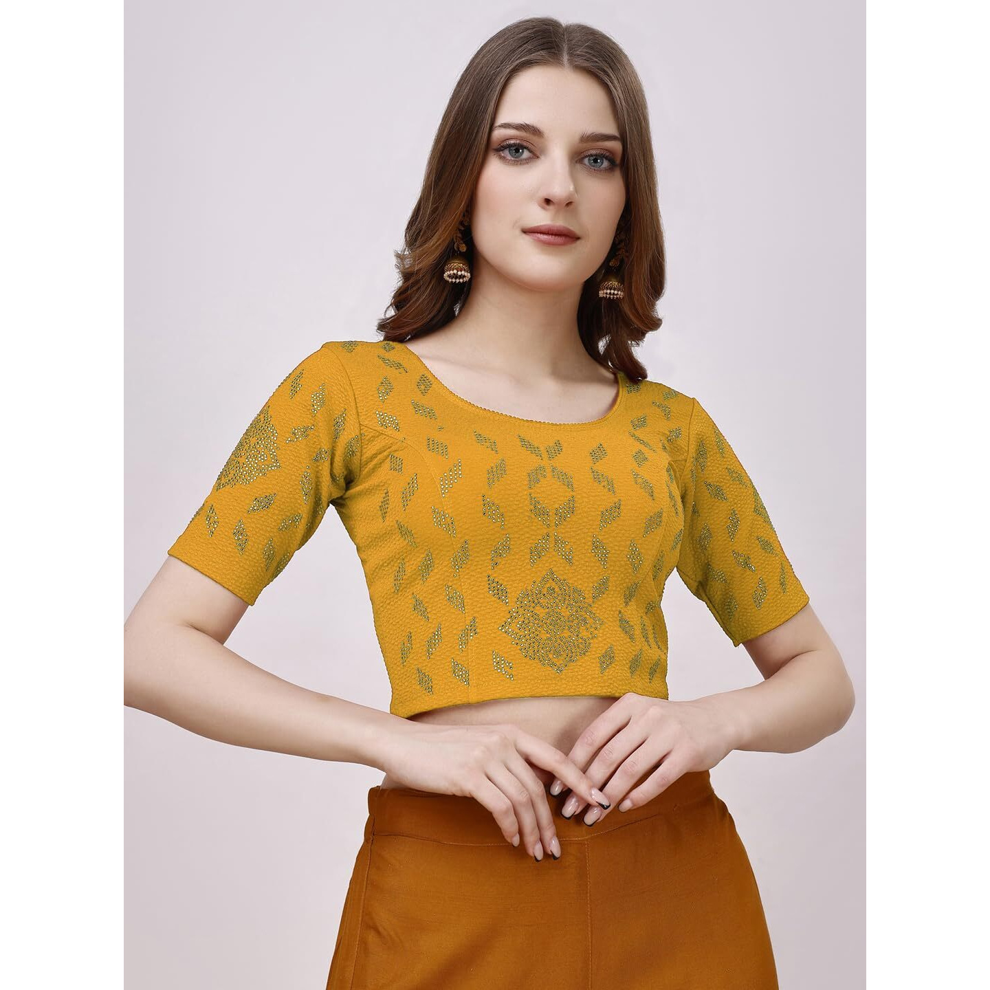 Pujia Mills Women's Embroidery Half Sleeve Stretch Blouse (Pm Lycra Bindi Yellow Xl