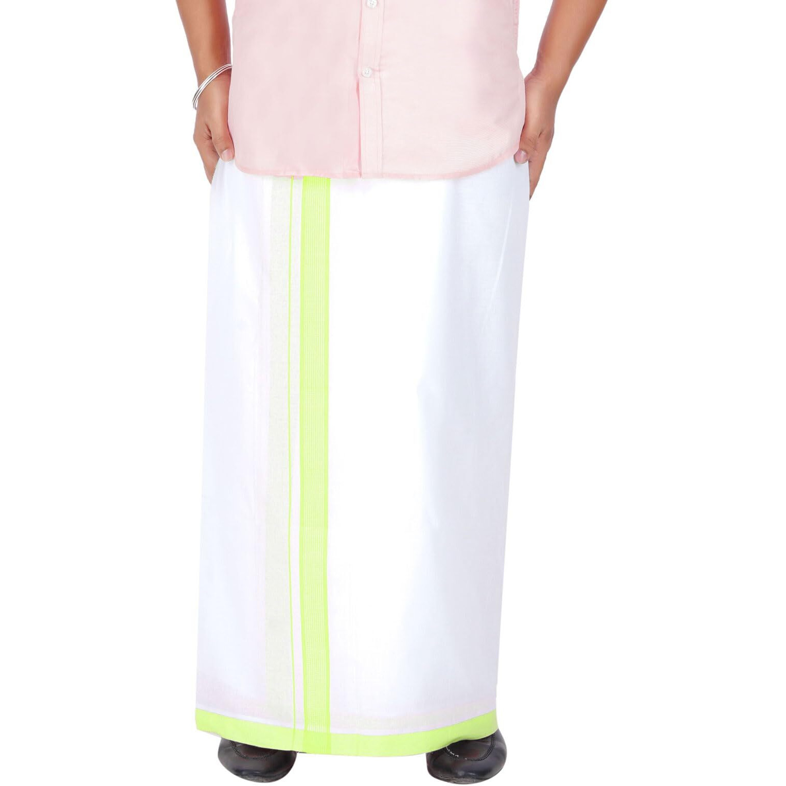 Prakasam Cotton Men's Double White Dhoti With Dobby Design Border (1.30 X 4.00 Meter) (Fluorescent Green)