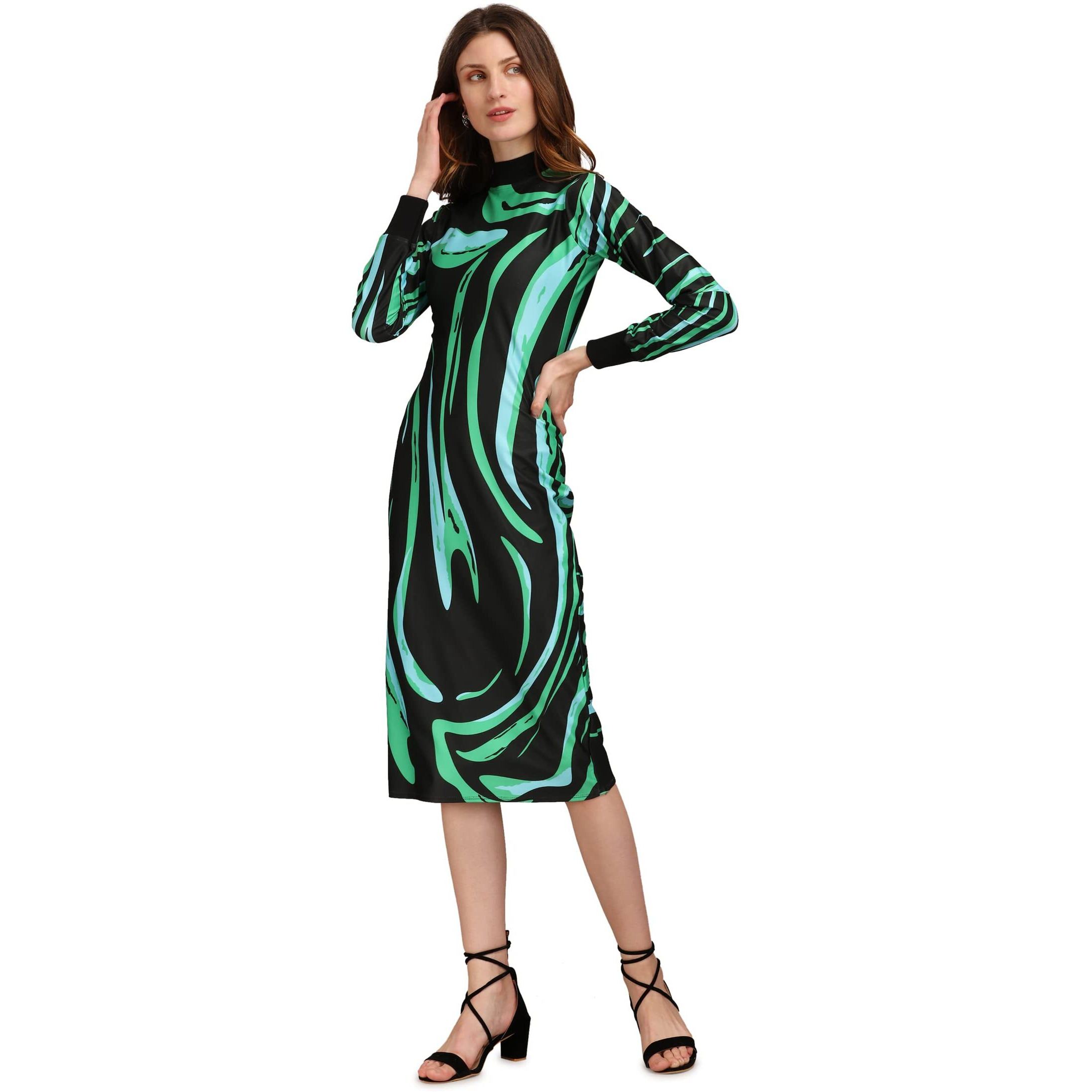 Purvaja Women's Polyester Blend Bodycon Knee-Length Cocktail Dress Siri-033-Sea Plant-Large_Rama
