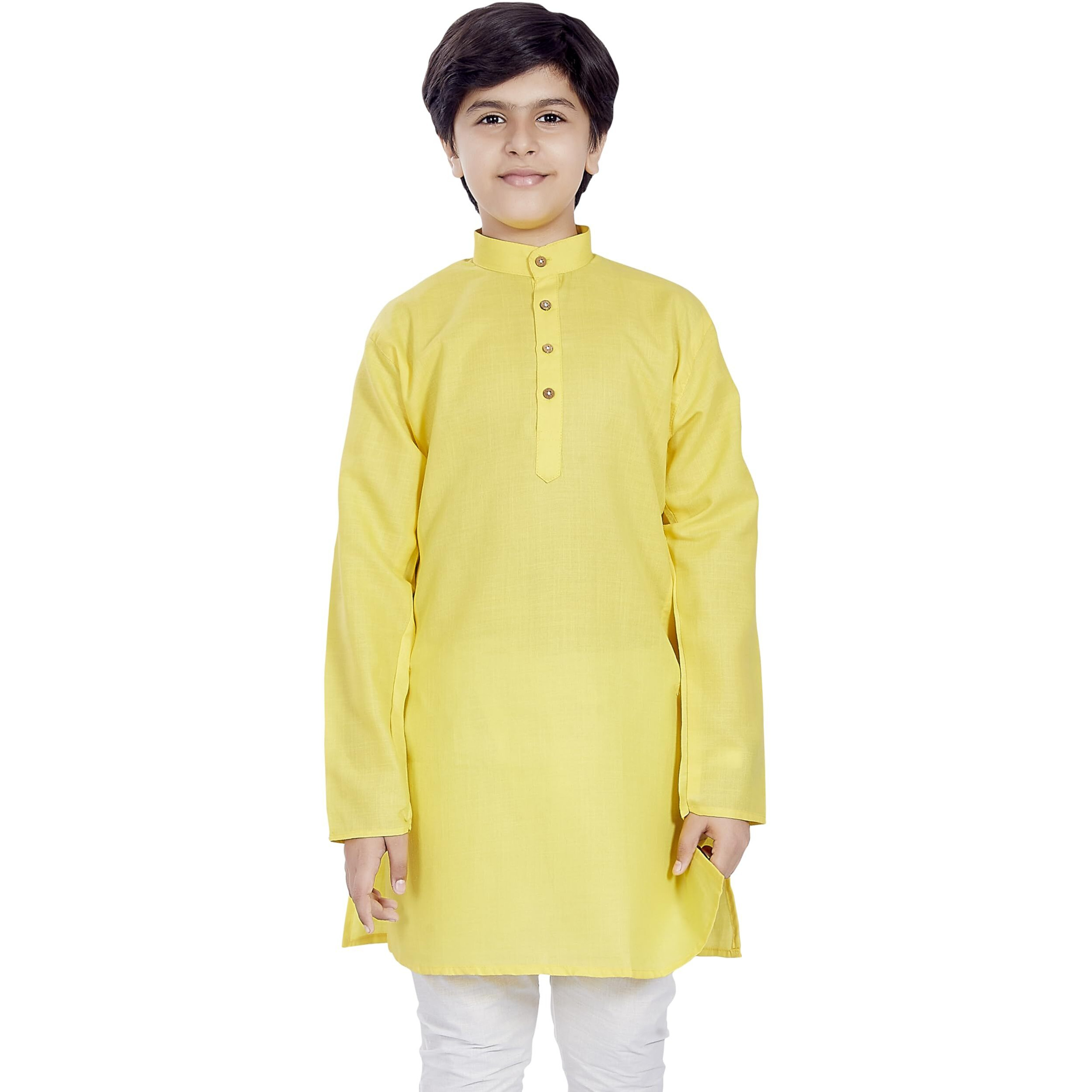 Divisive Boy's Plain Cotton Blend Ethnic Kurta Pyjama Set (Dkd2_32_Yellow)
