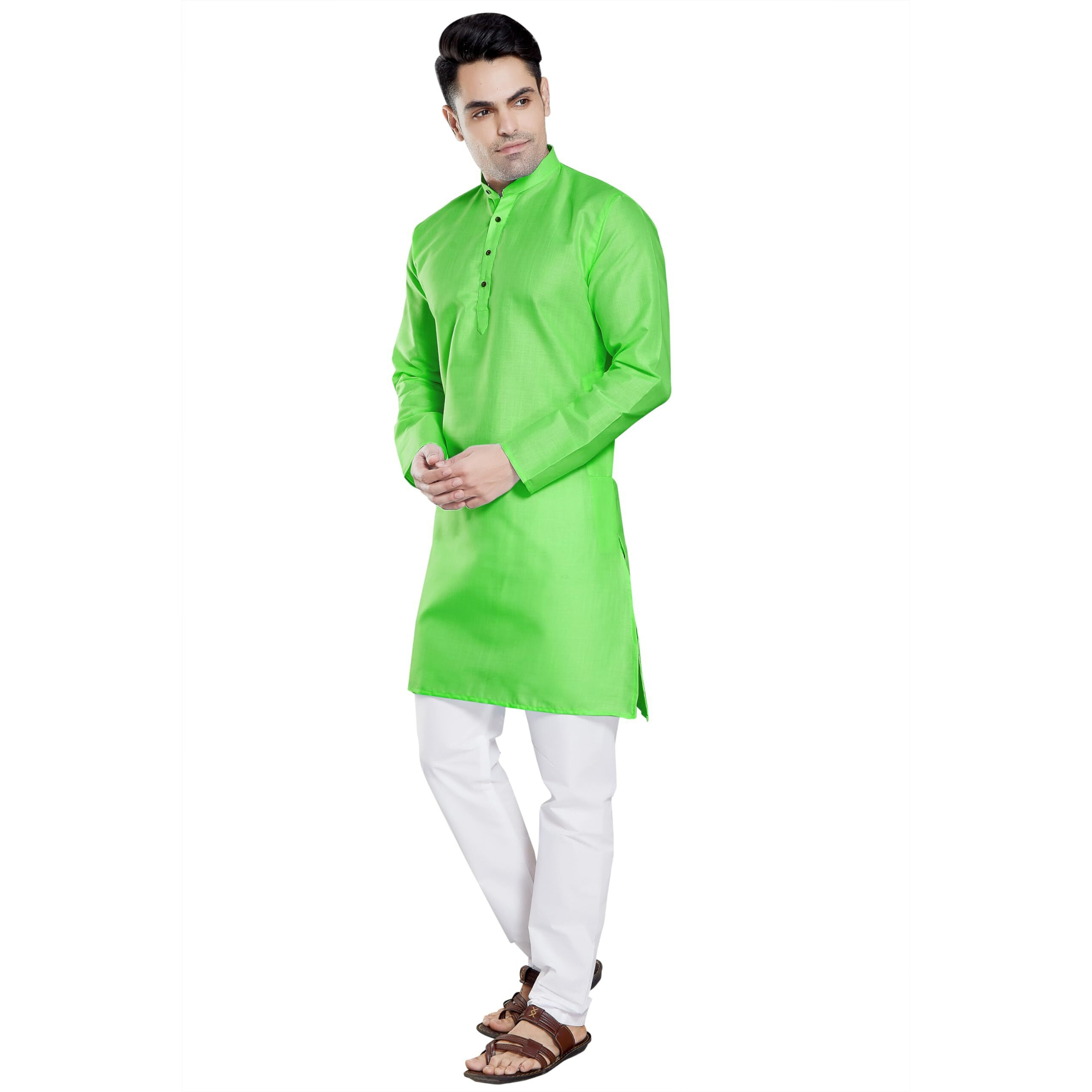 Divisive Men's Plain Cotton Blend Linen Slim Fit Kurta Pyjama Set (Dkrt66_Xxl_Parrot Green)