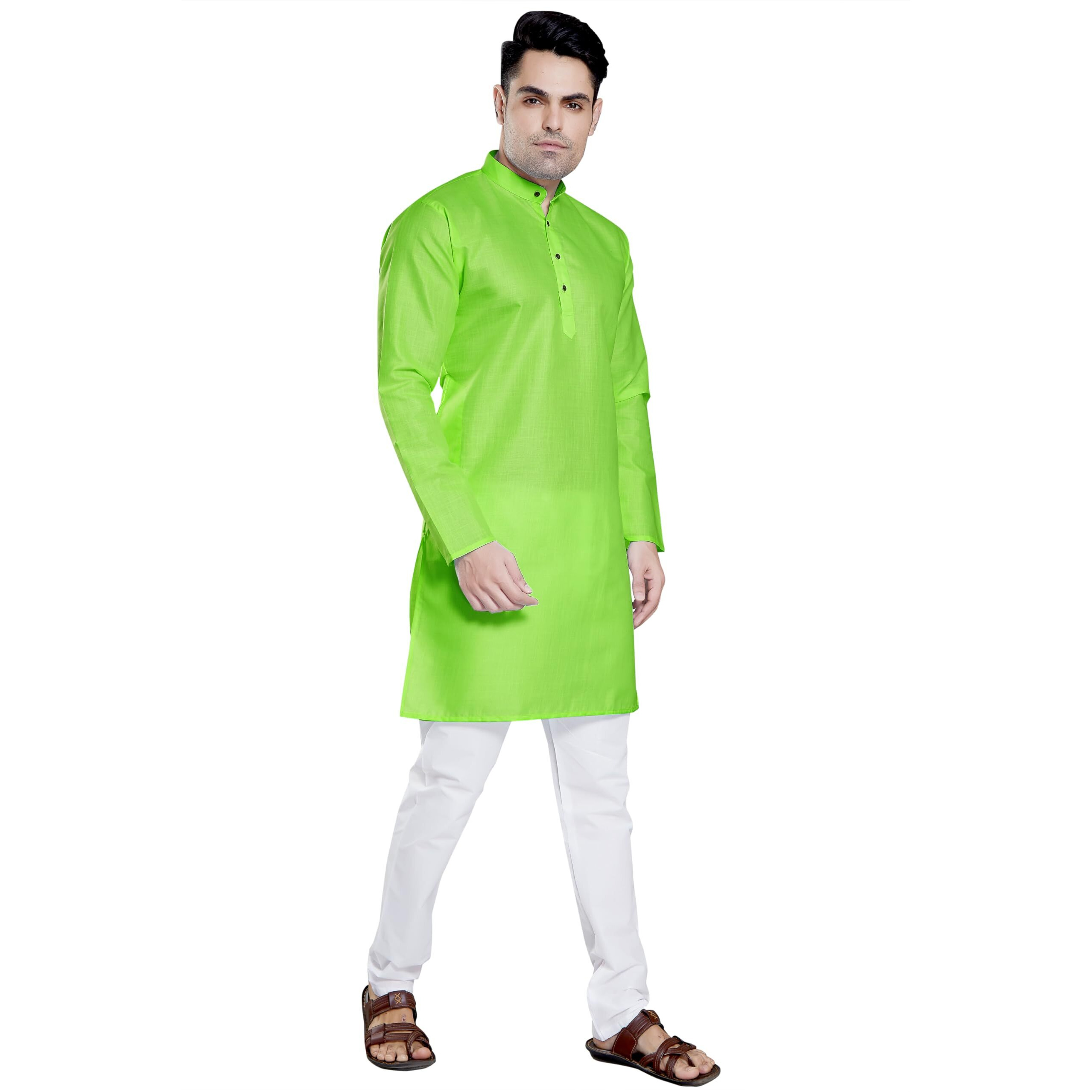 Divisive Men's Plain Cotton Blend Linen Slim Fit Kurta Pyjama Set (Dkrt66_Xxl_Parrot Green)