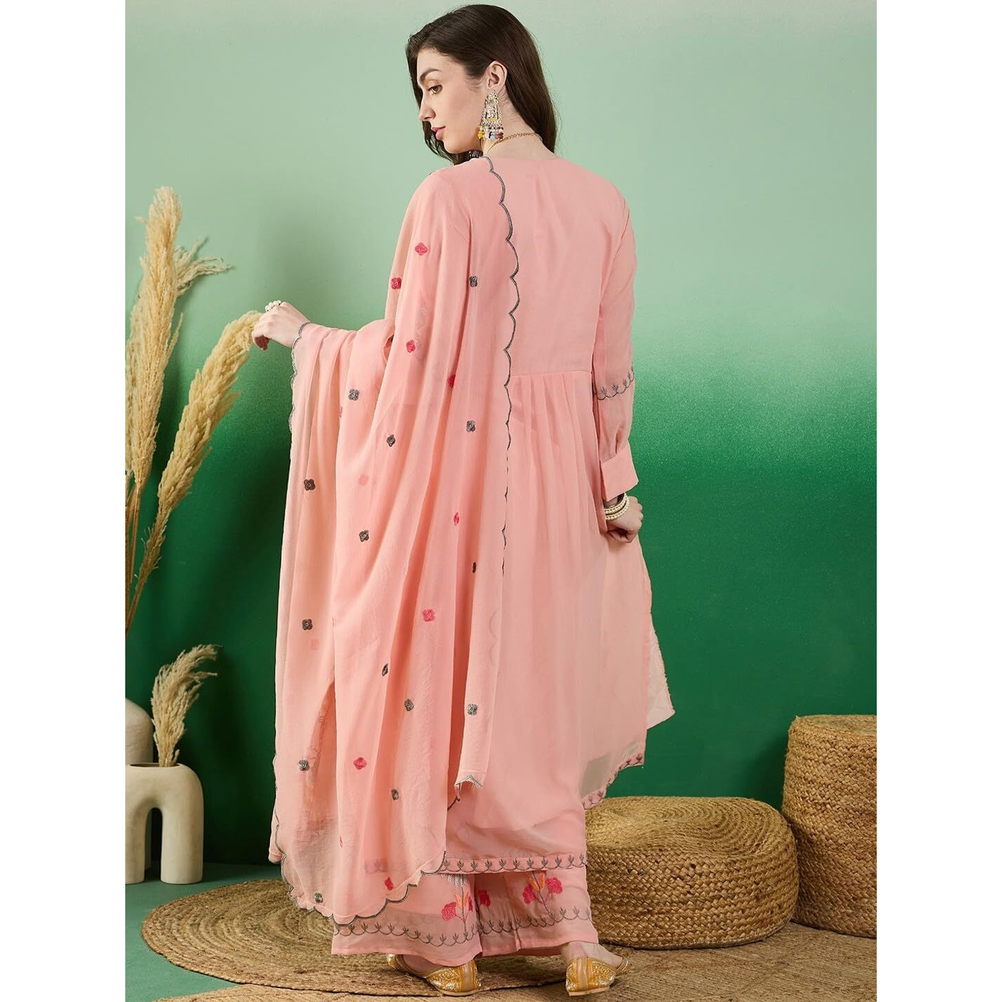 Fashion Basket Women's Green Georgette Kurta Set With Dupatta