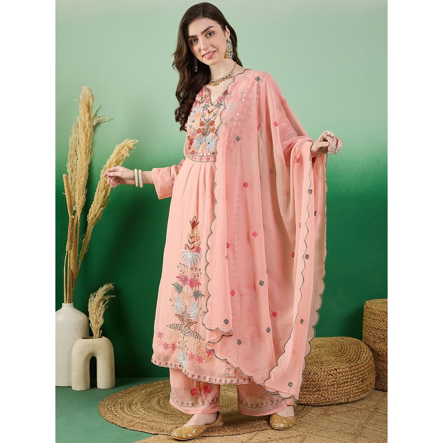 Fashion Basket Women's Green Georgette Kurta Set With Dupatta