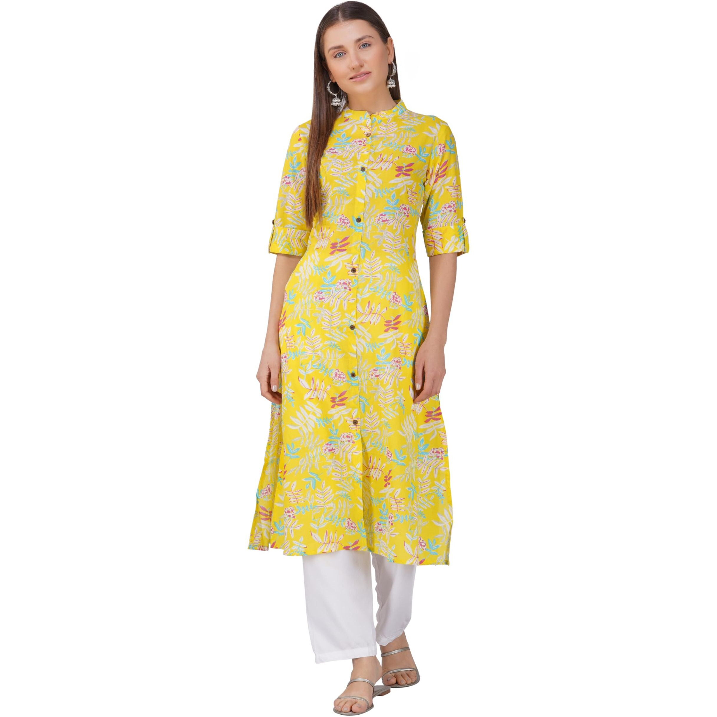 Rytras Women's Printed A-Line Kurta(Yellow-1,M)