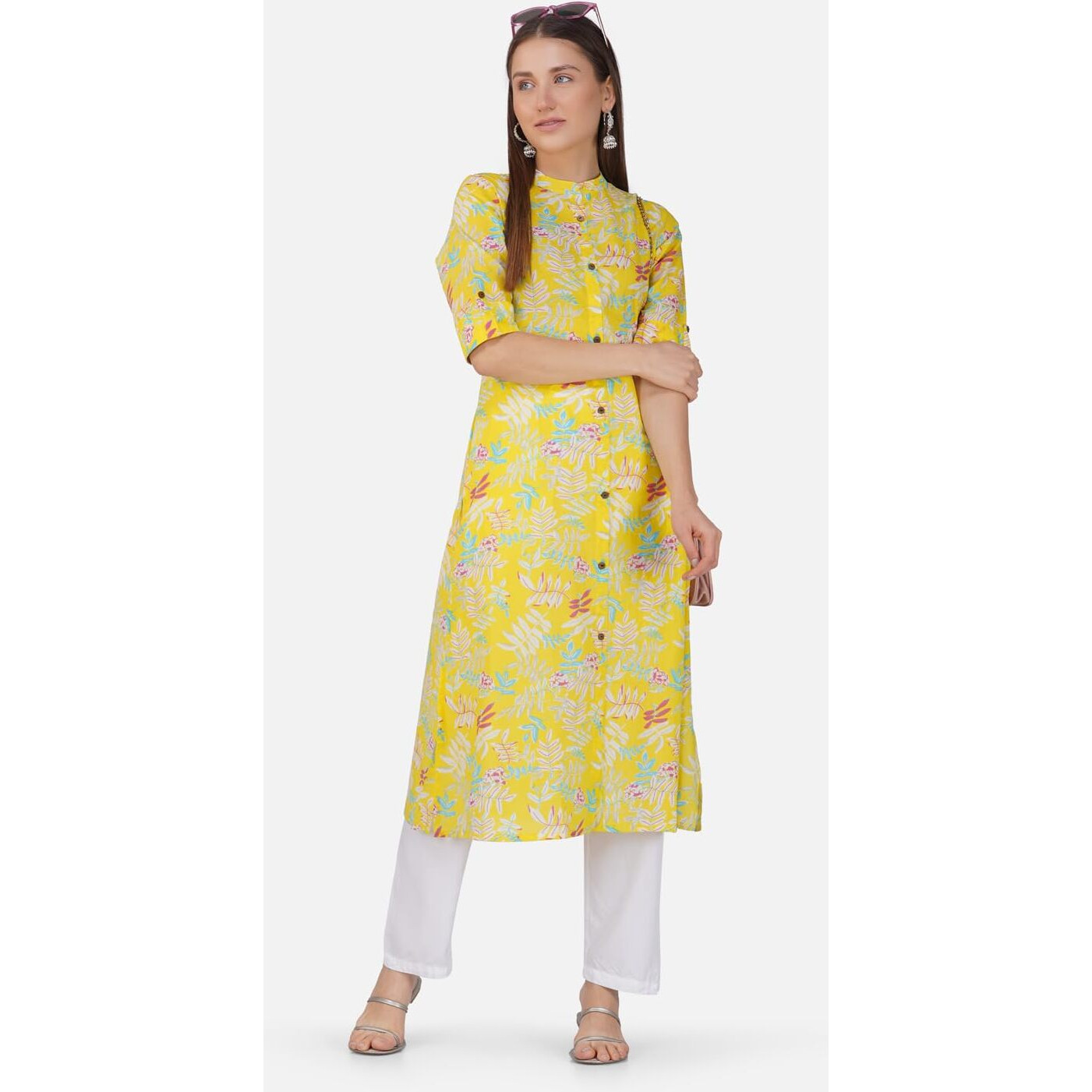 Rytras Women's Printed A-Line Kurta(Yellow-1,M)