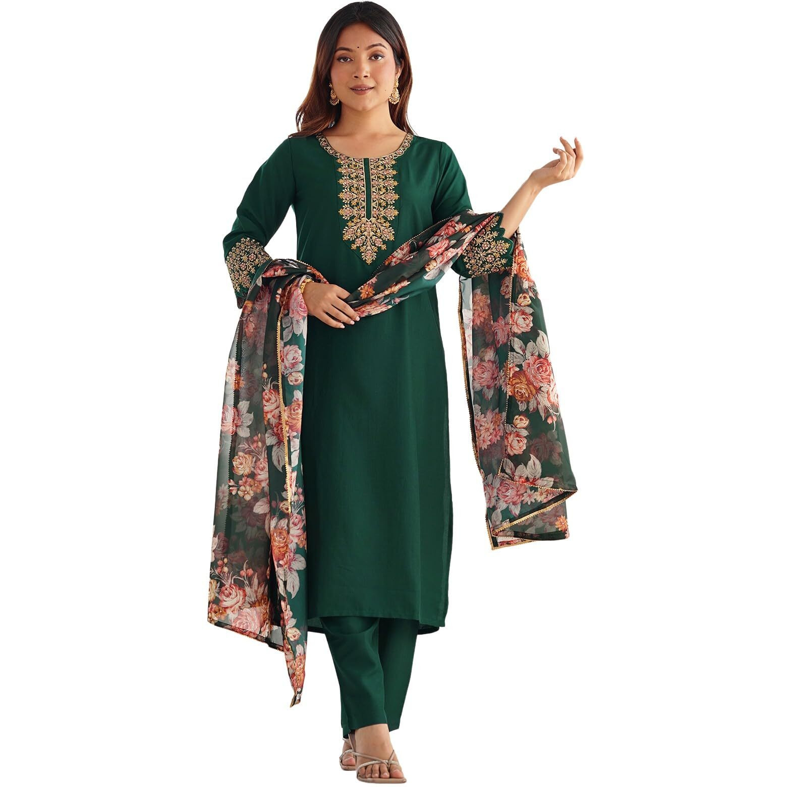 Sanisa Women's Chinnon Sequins Embroidery Straight Kurta With Pant And Dupatta Set (136Kbd1466N-S_Dark Green)