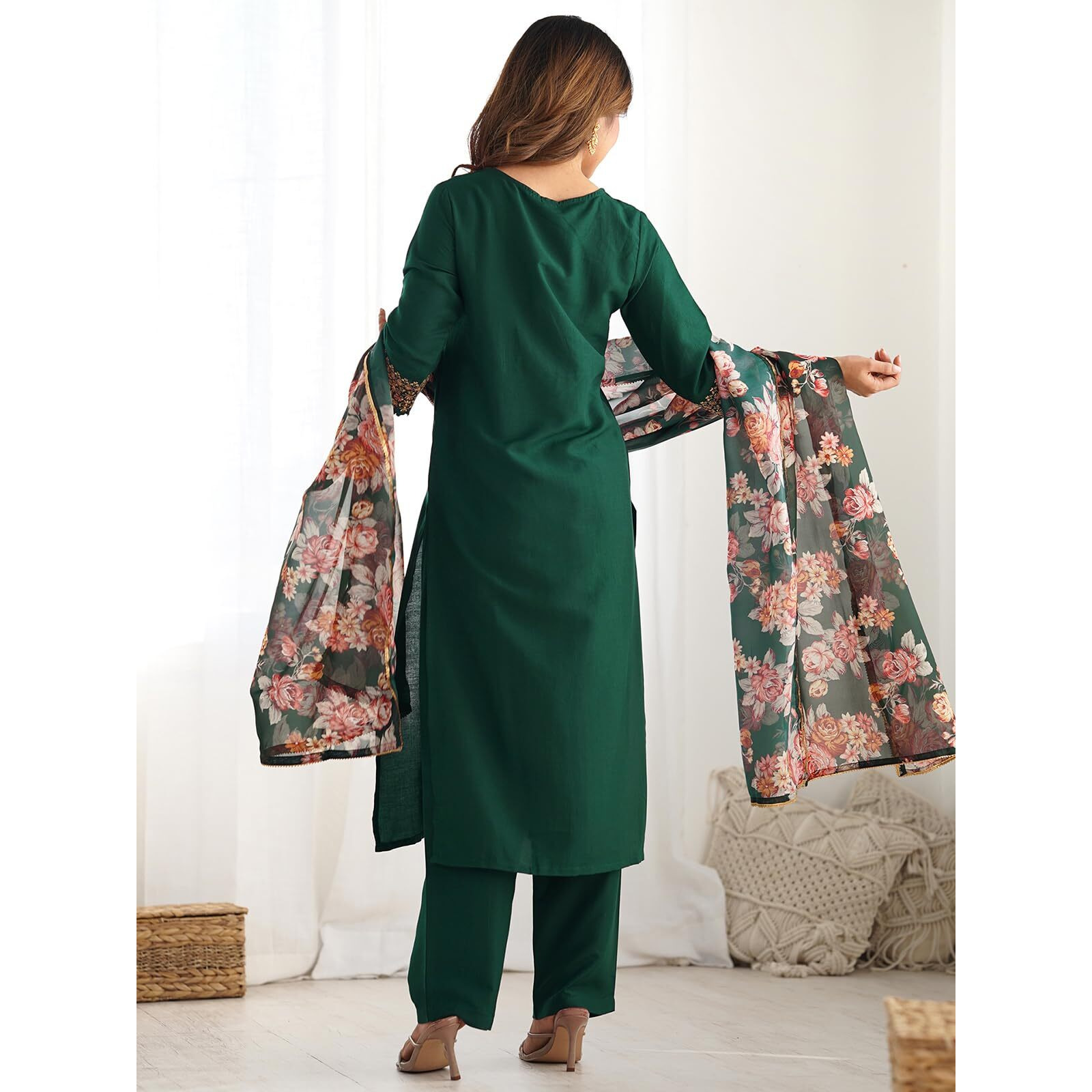 Sanisa Women's Chinnon Sequins Embroidery Straight Kurta With Pant And Dupatta Set (136Kbd1466N-S_Dark Green)
