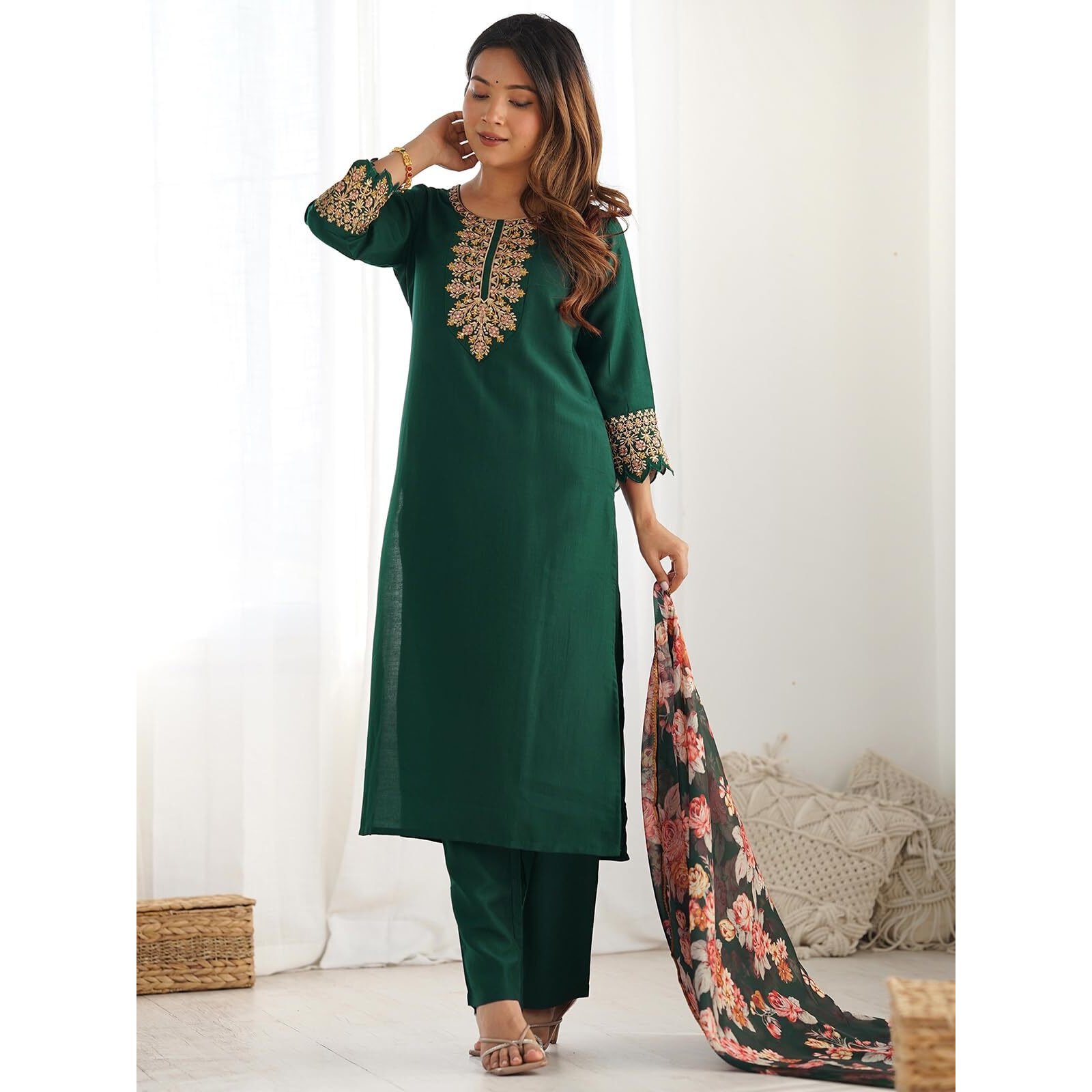 Sanisa Women's Chinnon Sequins Embroidery Straight Kurta With Pant And Dupatta Set (136Kbd1466N-S_Dark Green)