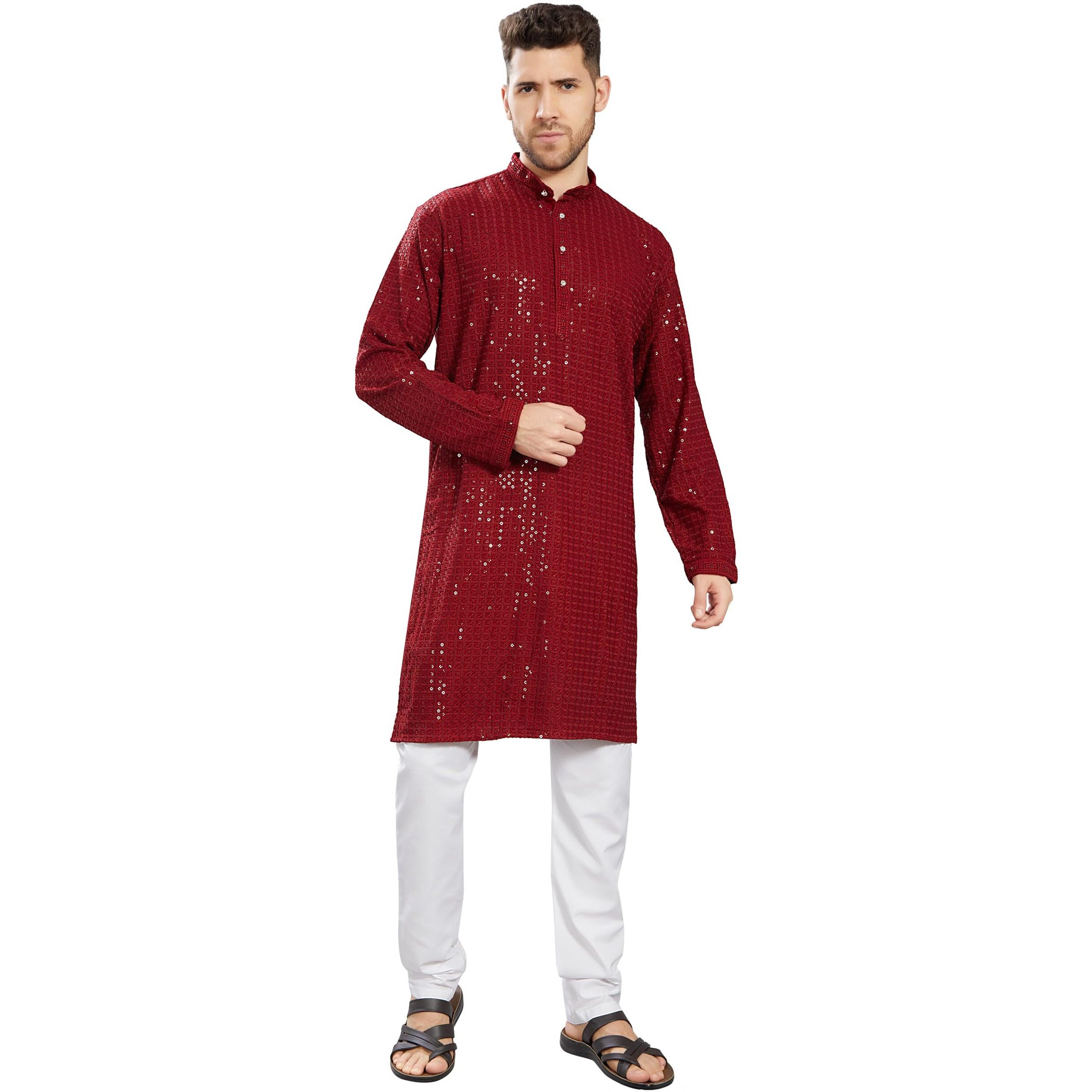 Divisive Men's Sequince Embroidered Cotton Blend Slim Fit Kurta Pyjama Set (Dkrt1002_Xxxl_Maroon)