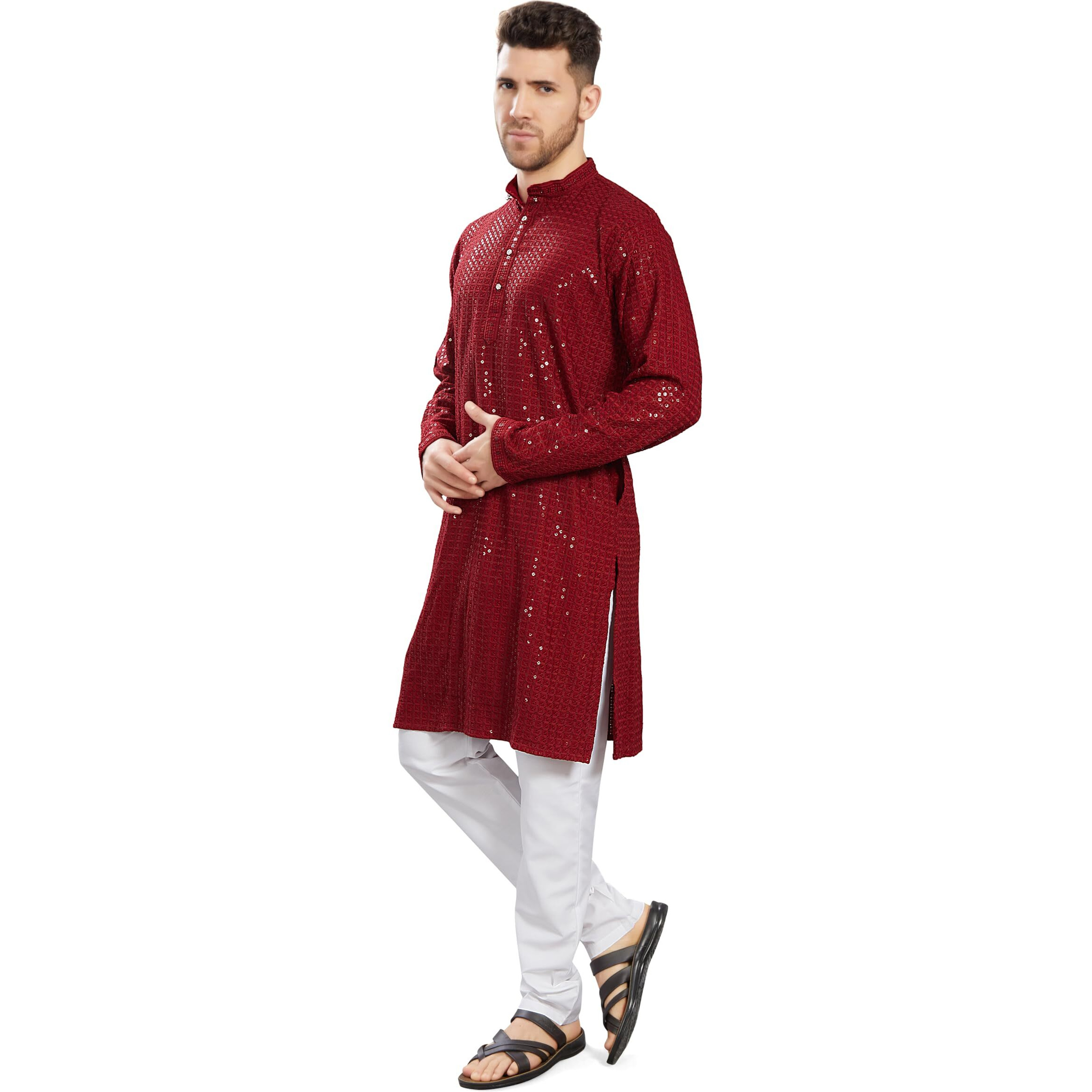 Divisive Men's Sequince Embroidered Cotton Blend Slim Fit Kurta Pyjama Set (Dkrt1002_Xxxl_Maroon)