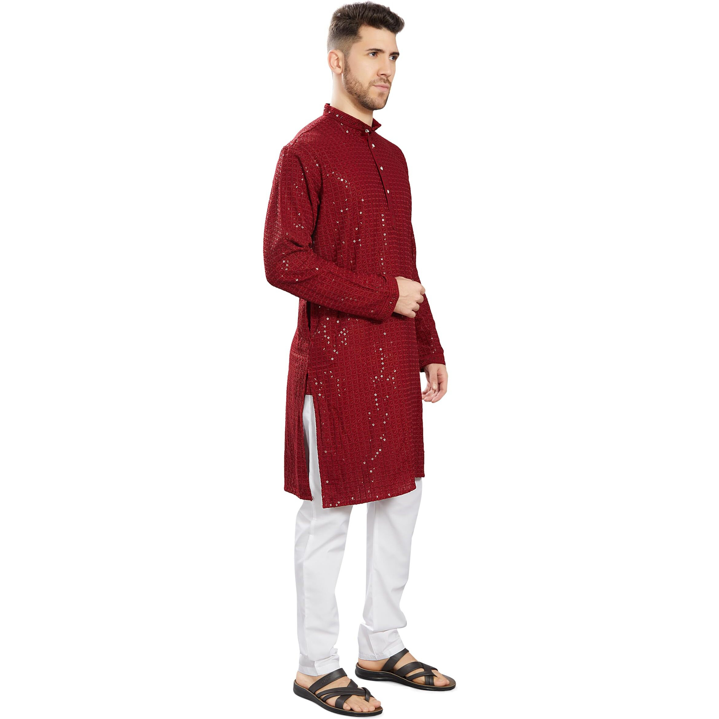 Divisive Men's Sequince Embroidered Cotton Blend Slim Fit Kurta Pyjama Set (Dkrt1002_Xxxl_Maroon)