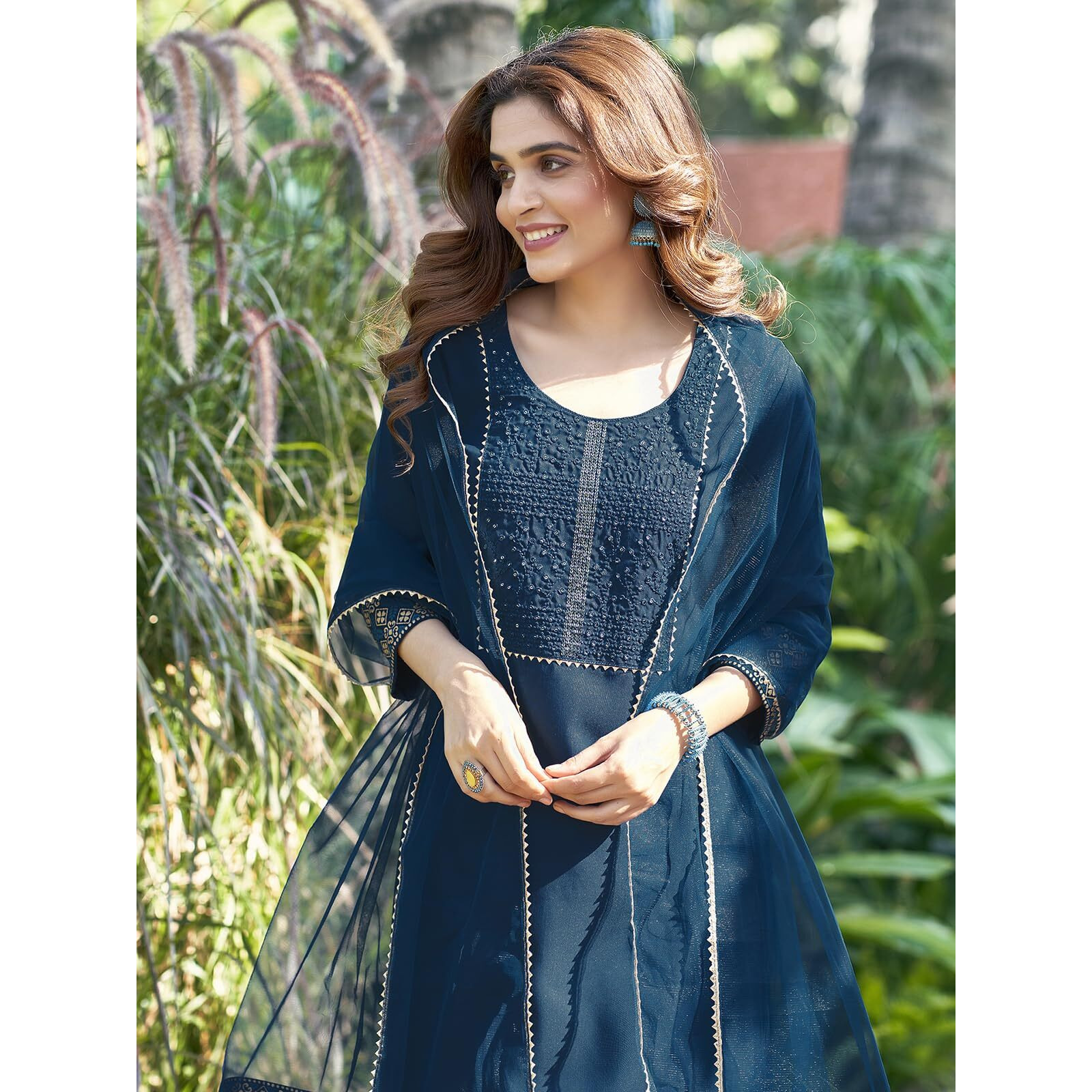 Sanisa Women's Cotton Blend Sequence Embroidery Work Straight Kurta With Pant And Foil Printed Gota Lace Work Dupatta (137Kbd1472Nz-Xxl_Blue)