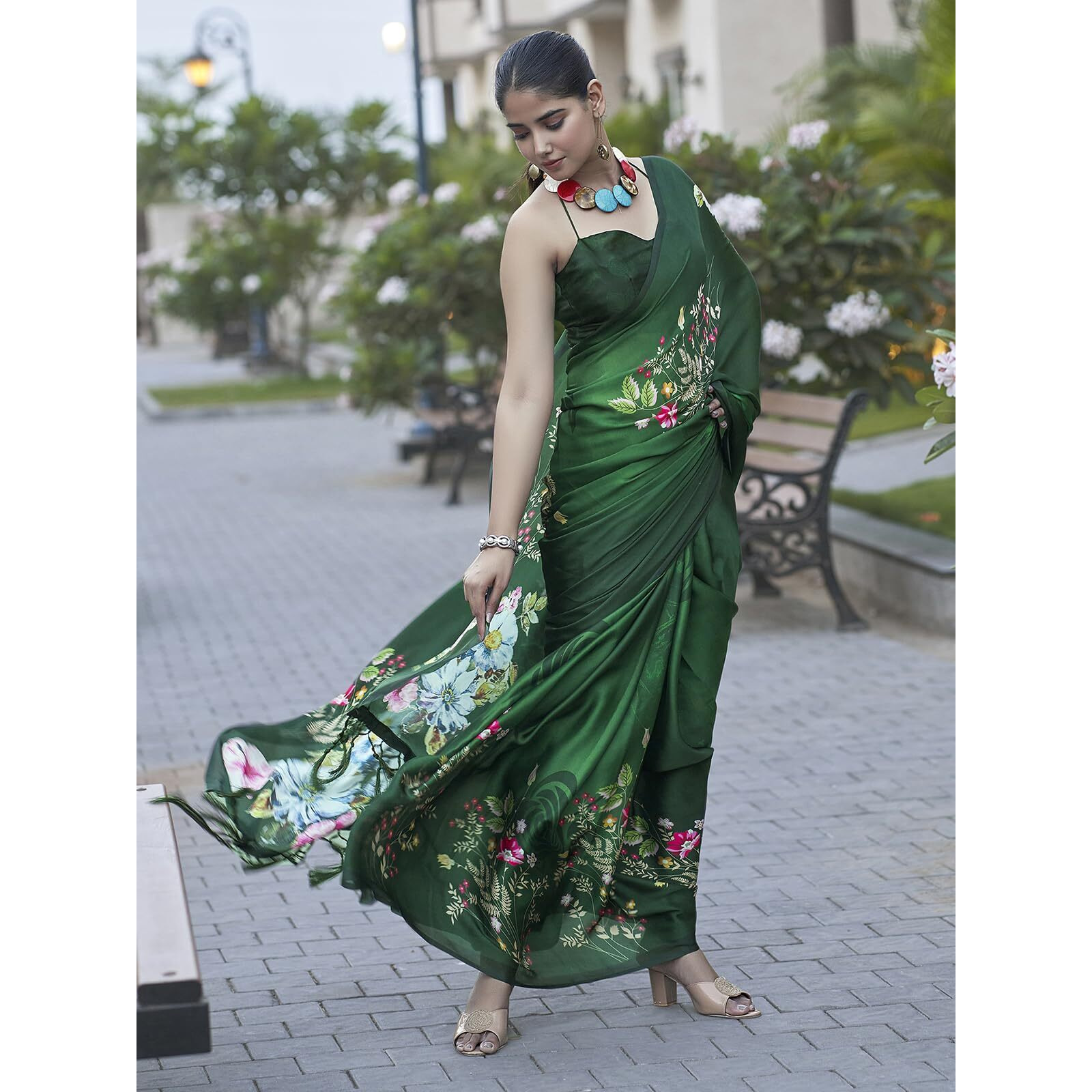 Satrani Women's Floral Printed Viscose Satin Saree With Unstitched Blouse Piece (3753S155N_Dark Green3)