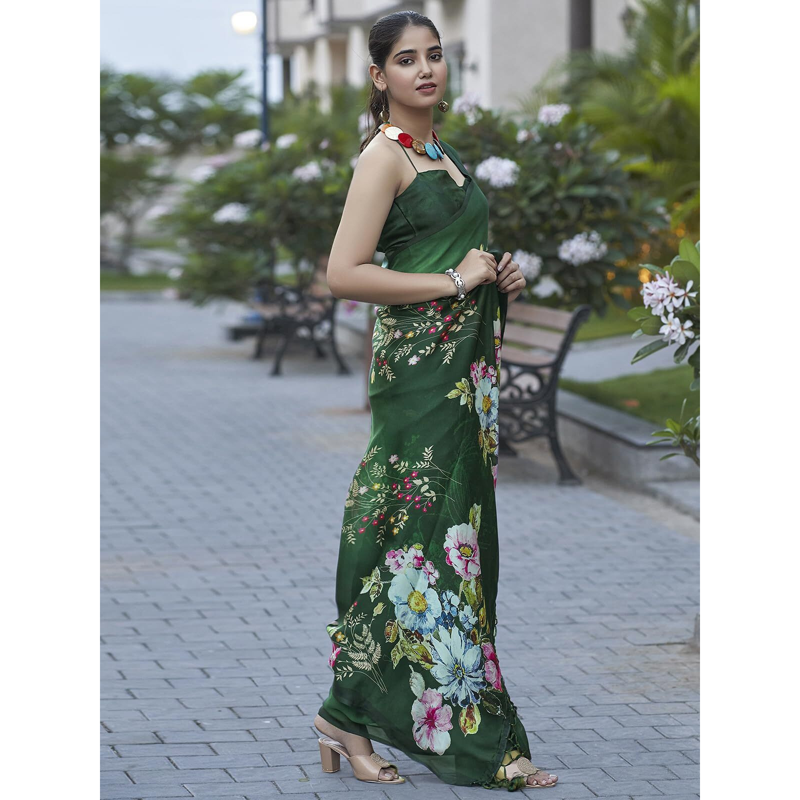 Satrani Women's Floral Printed Viscose Satin Saree With Unstitched Blouse Piece (3753S155N_Dark Green3)