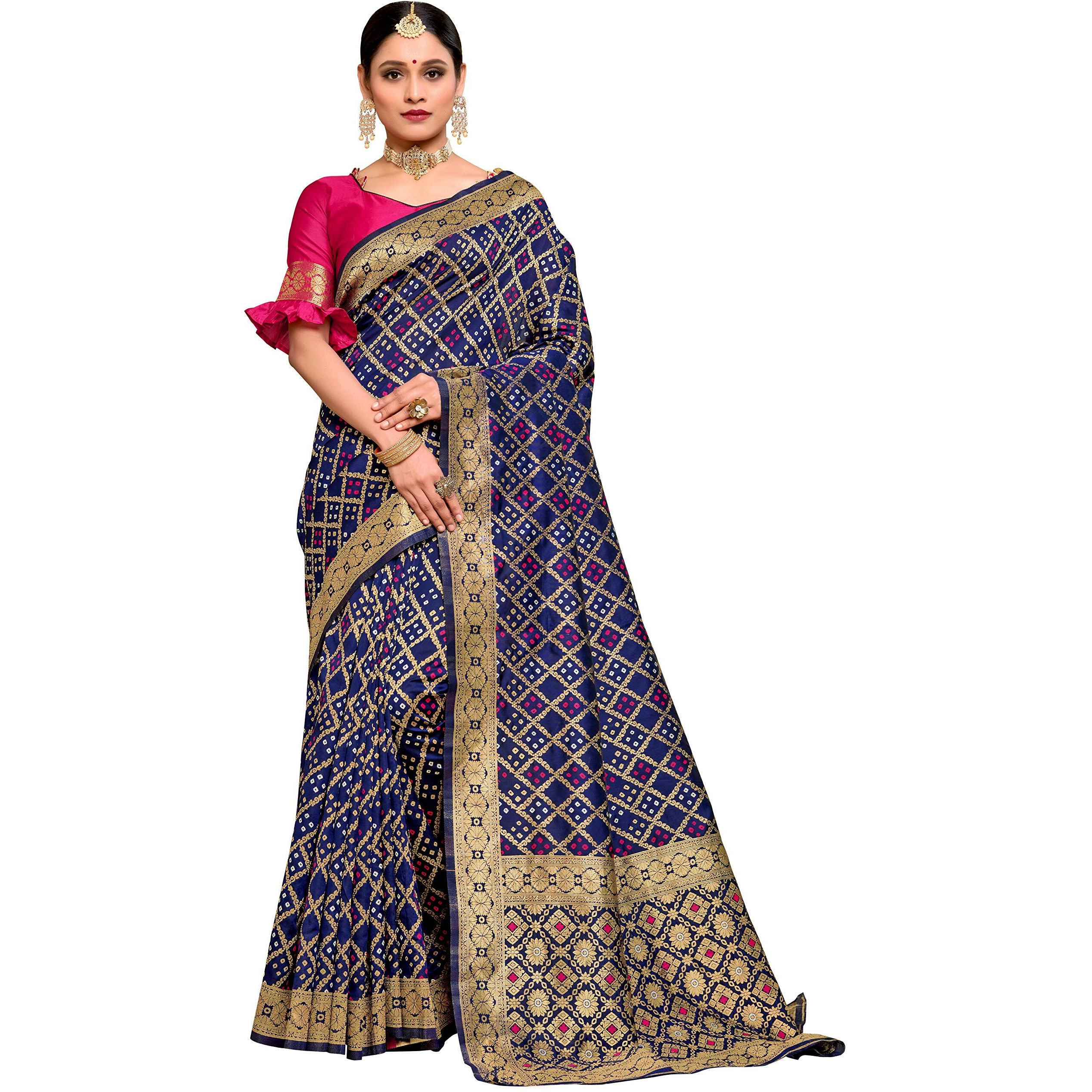Glory Sarees Women's Banarasi Silk Saree With Blouse Piece (Gs_Bandhani_Silk104_Navy)