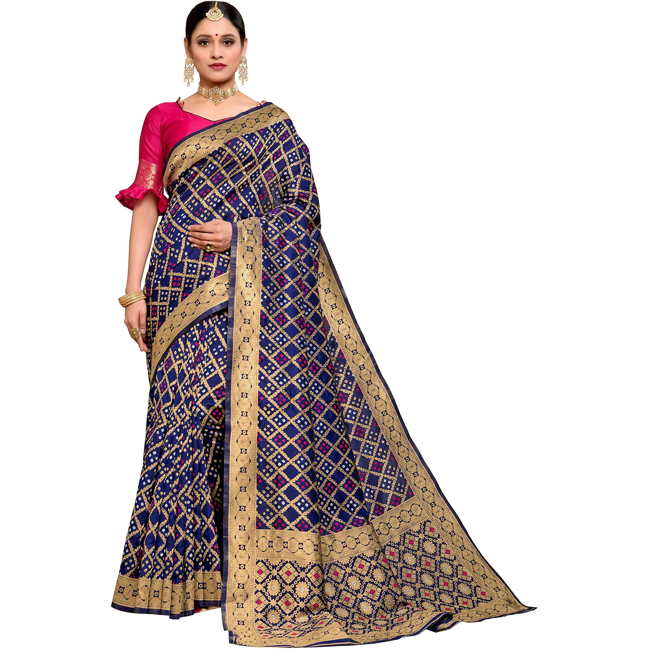 Glory Sarees Women's Banarasi Silk Saree With Blouse Piece (Gs_Bandhani_Silk104_Navy)