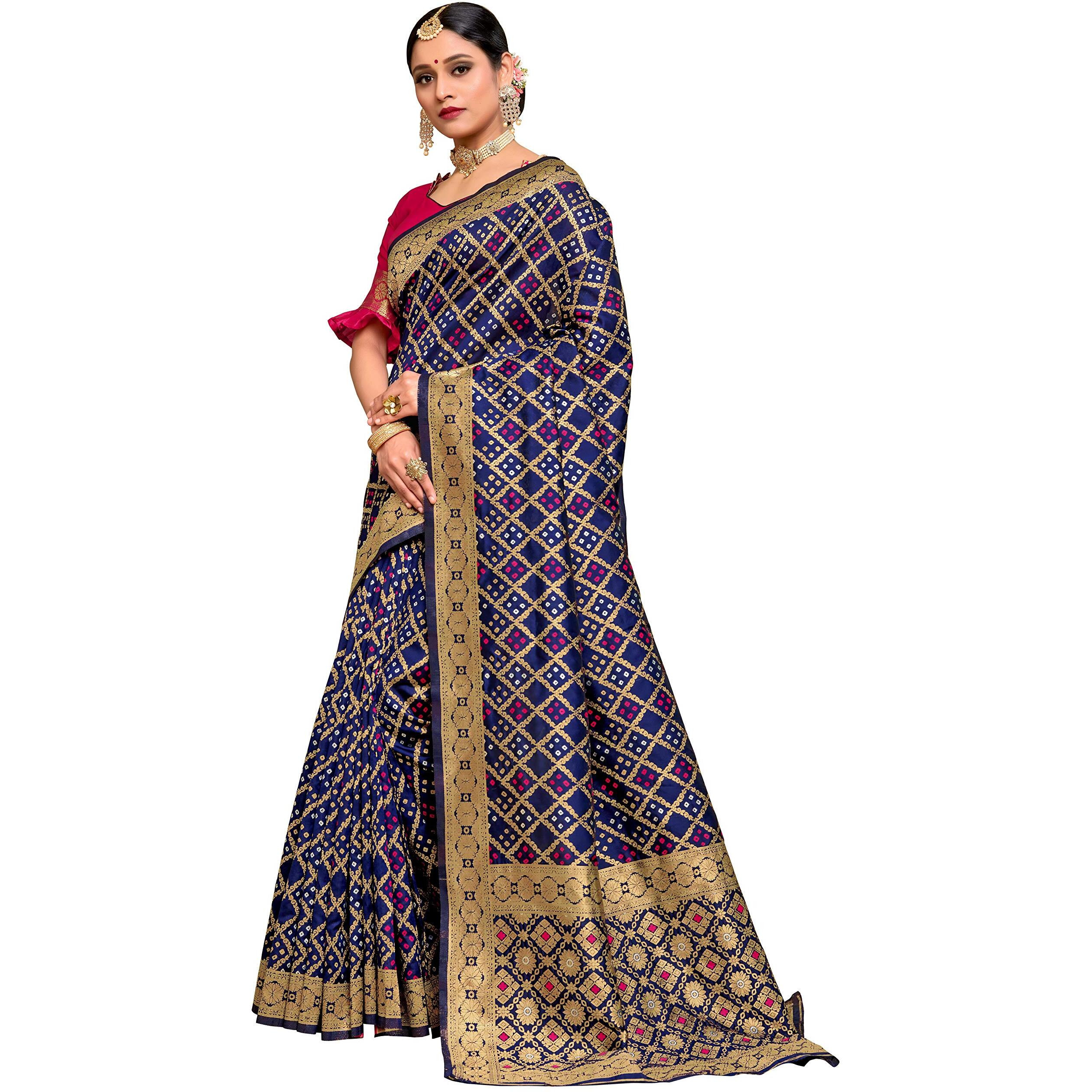 Glory Sarees Women's Banarasi Silk Saree With Blouse Piece (Gs_Bandhani_Silk104_Navy)