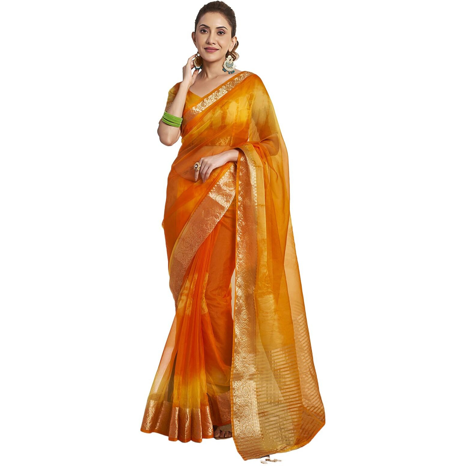 Satrani Women's Organza Printed Jacquard Border Zari Stripe Saree With Unstitched Blouse Piece (3797S442N_Orange & Yellow)