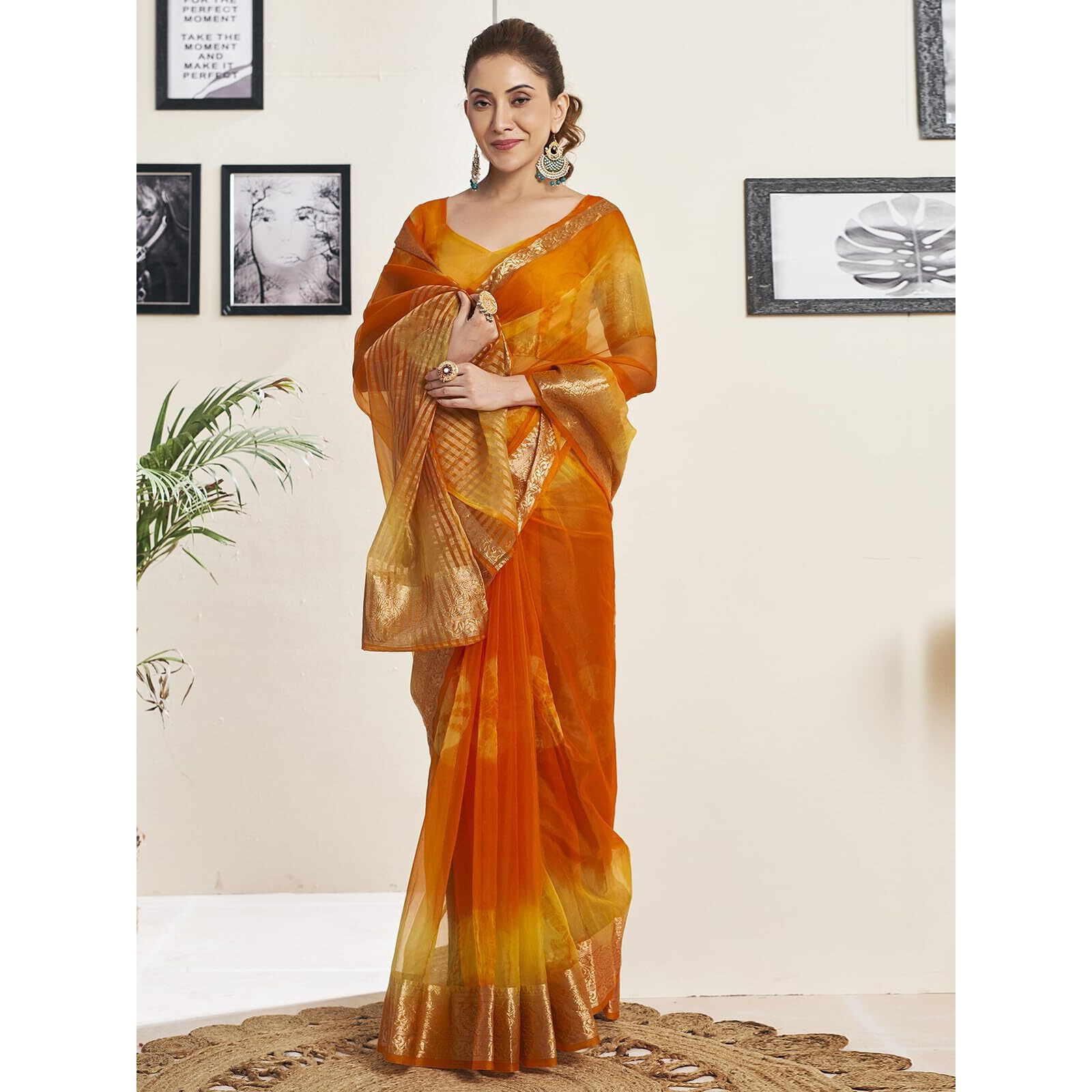 Satrani Women's Organza Printed Jacquard Border Zari Stripe Saree With Unstitched Blouse Piece (3797S442N_Orange & Yellow)