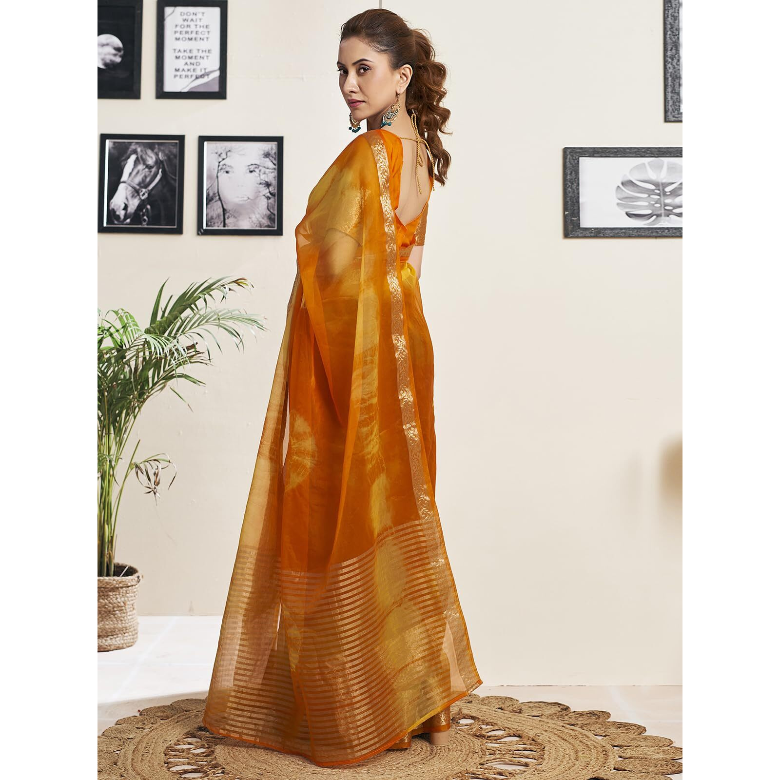 Satrani Women's Organza Printed Jacquard Border Zari Stripe Saree With Unstitched Blouse Piece (3797S442N_Orange & Yellow)