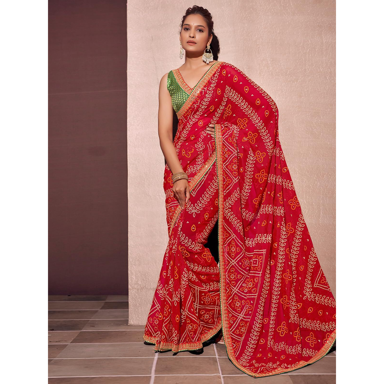 Satrani Women's Georgette Sequence Embroidery Lace Bandhani Printed Saree With Unstitched Blouse Piece (3666S246N_Red2)