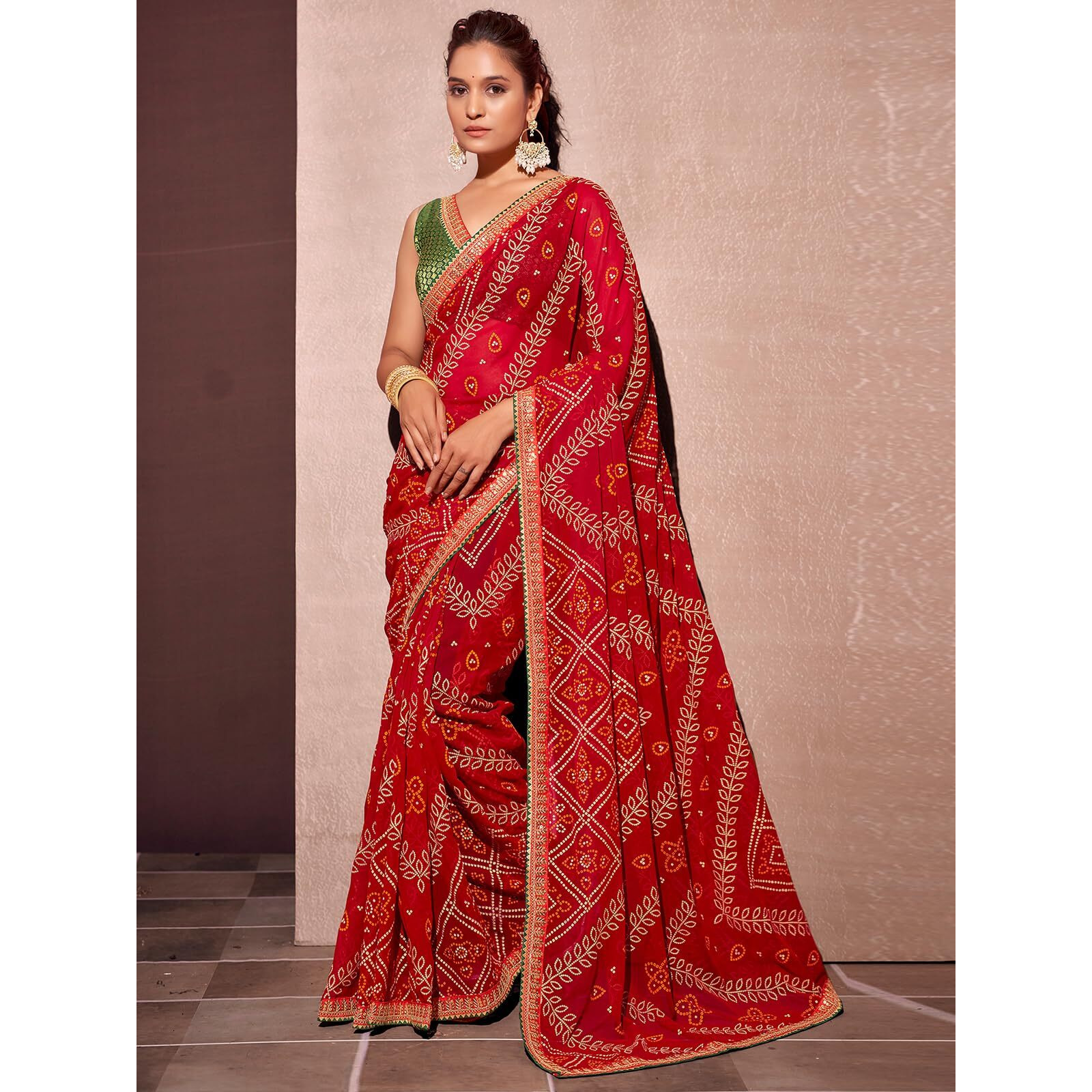 Satrani Women's Georgette Sequence Embroidery Lace Bandhani Printed Saree With Unstitched Blouse Piece (3666S246N_Red2)