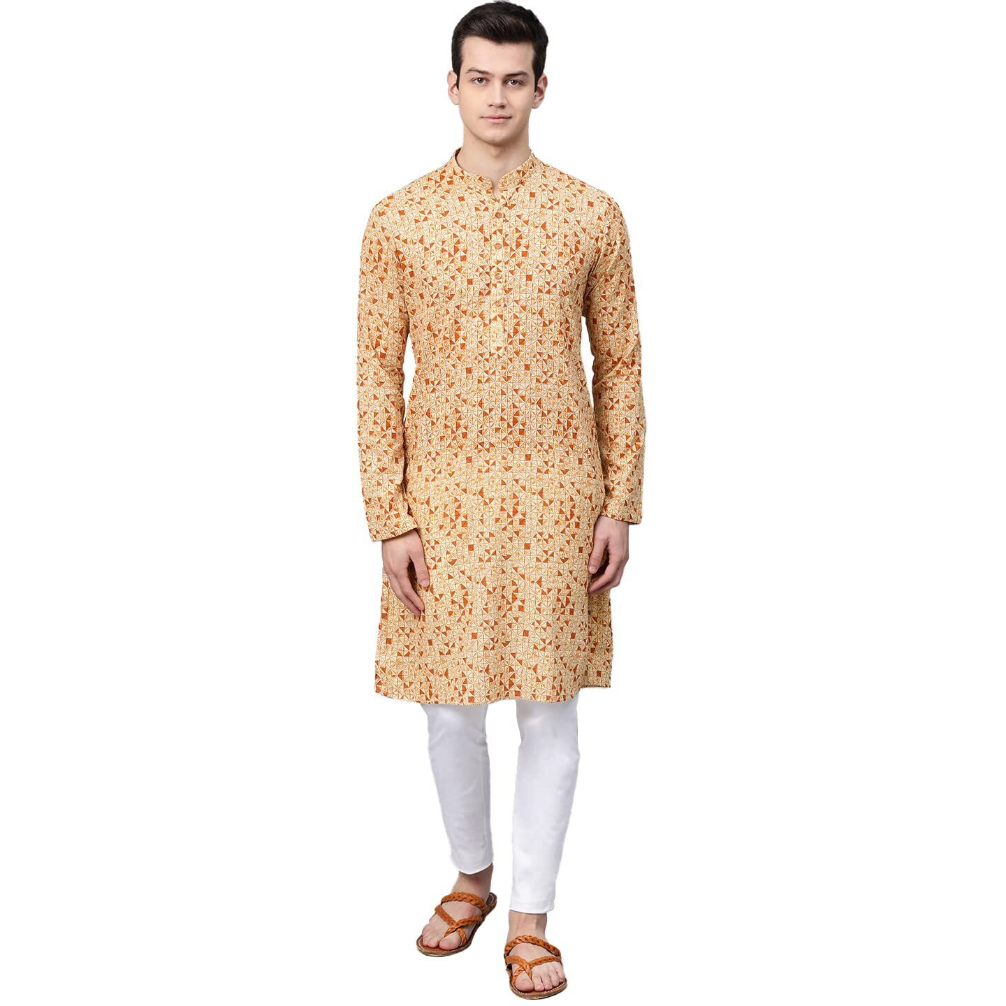 See Designs Men's Cotton Regular Fit Printed Straight Kurta [Cream_Xs]