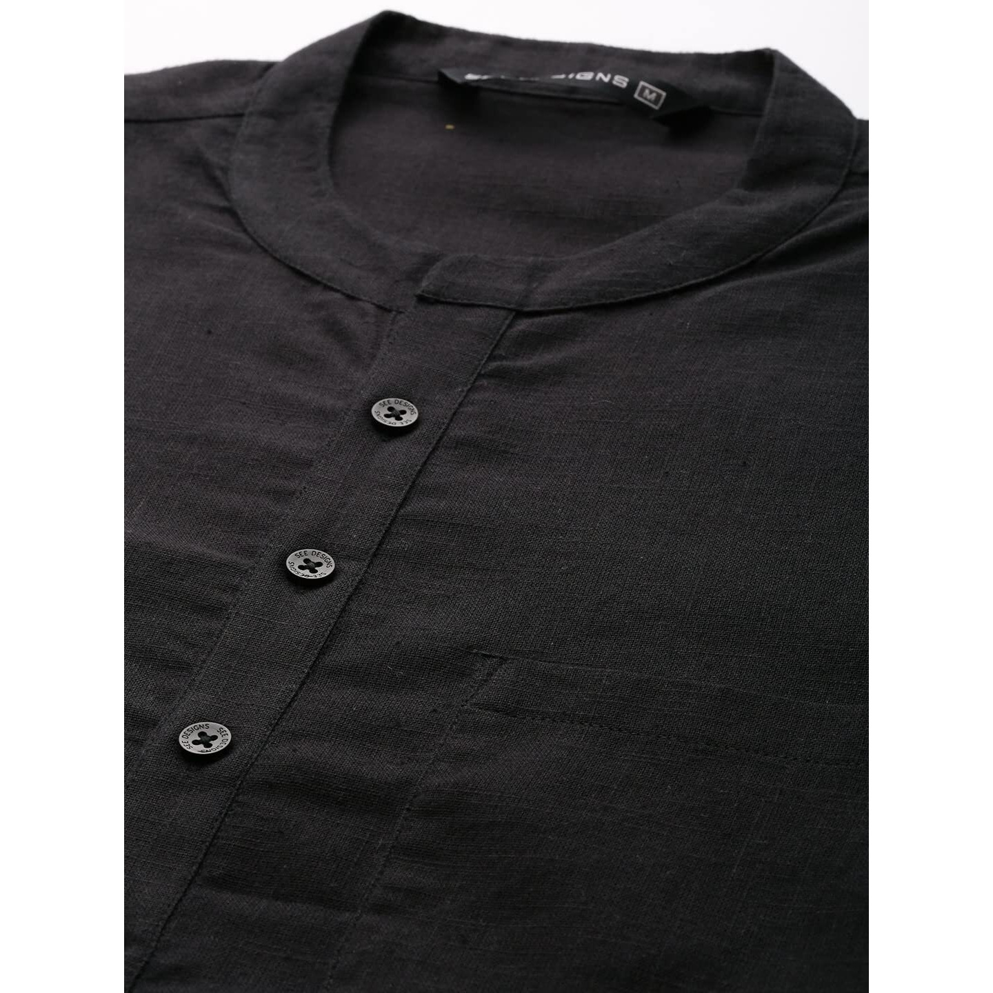 See Designs Black Cotton Regular Fit Kurta Madern Collar Stright Hem Side Full Sleeve Straght Kurta_Sdkt1012M