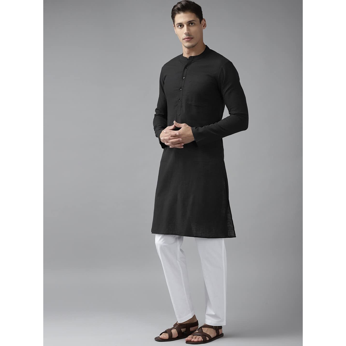 See Designs Black Cotton Regular Fit Kurta Madern Collar Stright Hem Side Full Sleeve Straght Kurta_Sdkt1012M