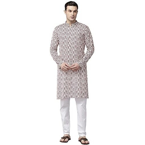 See Designs Men Mandarin Collar Off White & Maroon Pure Cotton Printed Staright Full Sleeve Kurta With Pajama - Sd2Mkt_124201L