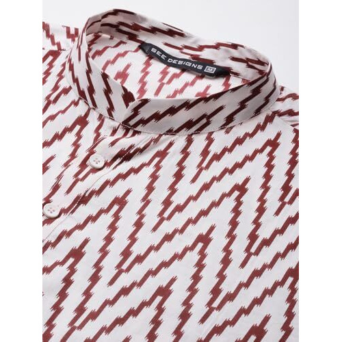 See Designs Men Mandarin Collar Off White & Maroon Pure Cotton Printed Staright Full Sleeve Kurta With Pajama - Sd2Mkt_124201L
