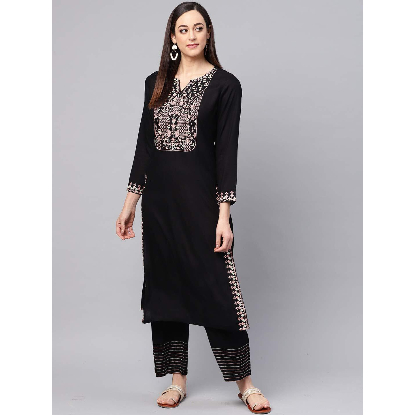 Idalia Embroidered Black Kurta With Palazzo Pants