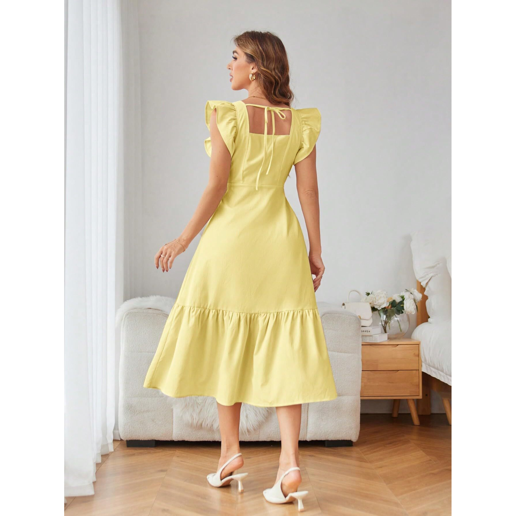 Shasmi Girl's & Women's Solid Yellow Color Square Neck, Ruffle-Trimmed Hem Sleeveless, Ruffle Armhole And Casual Dress With Cinched Waist Vacation Outfits Woman (Dress 162 Yellow-S)