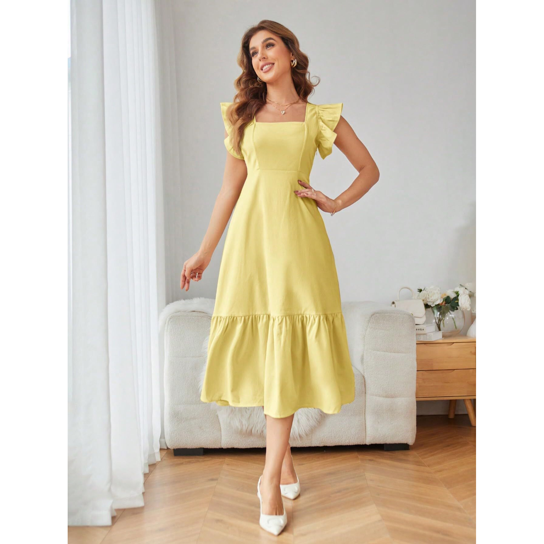 Shasmi Girl's & Women's Solid Yellow Color Square Neck, Ruffle-Trimmed Hem Sleeveless, Ruffle Armhole And Casual Dress With Cinched Waist Vacation Outfits Woman (Dress 162 Yellow-S)