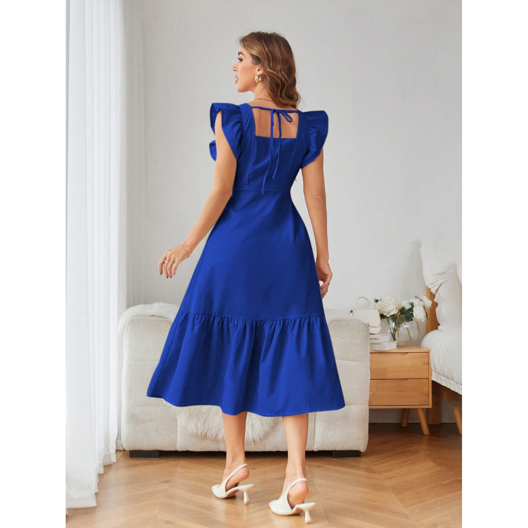 Shasmi Girl's & Women's Solid Royal Blue Color Square Neck, Ruffle-Trimmed Hem Sleeveless, Ruffle Armhole And Casual Dress With Cinched Waist Vacation Outfits Woman (Dress 162 R Blue-Xl)