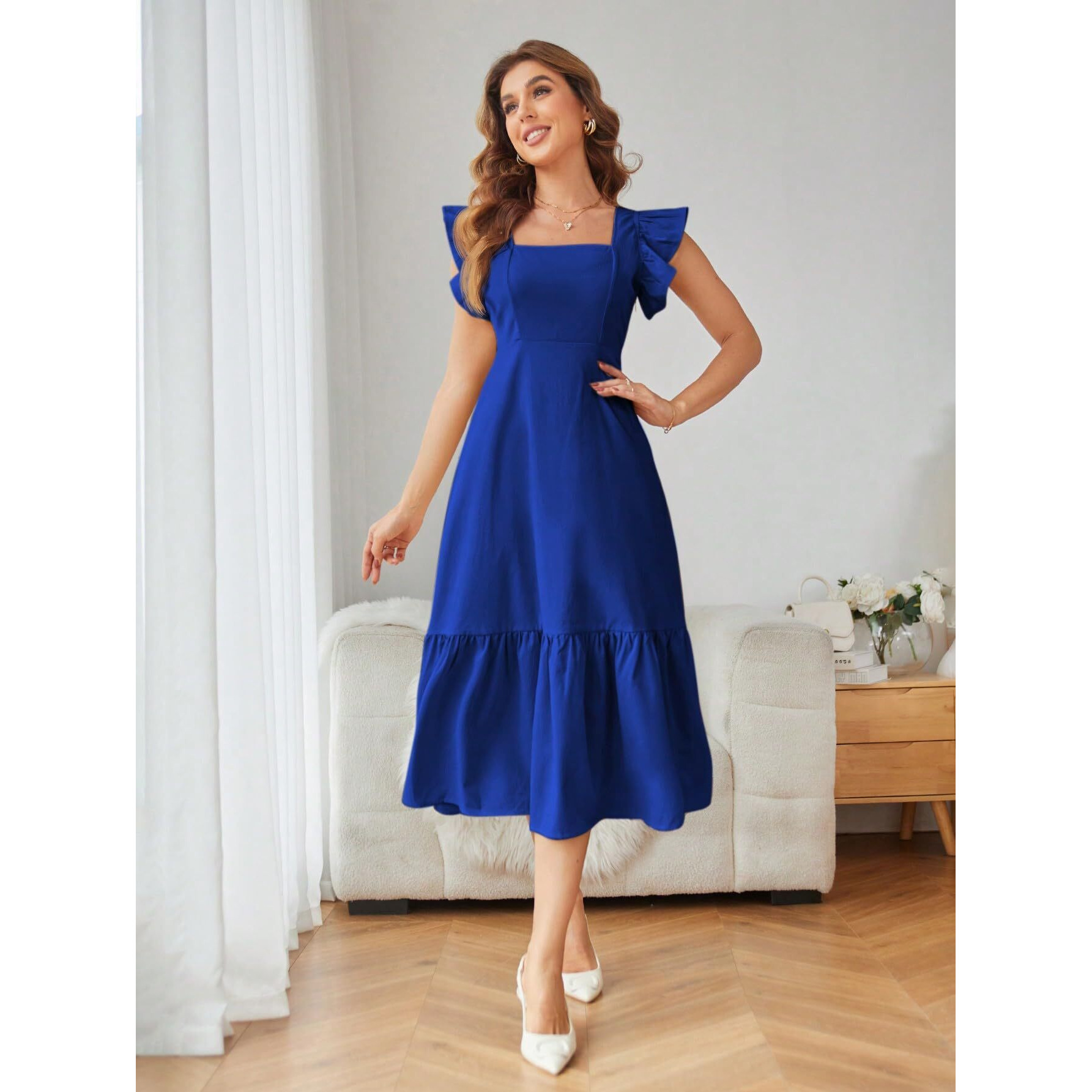 Shasmi Girl's & Women's Solid Royal Blue Color Square Neck, Ruffle-Trimmed Hem Sleeveless, Ruffle Armhole And Casual Dress With Cinched Waist Vacation Outfits Woman (Dress 162 R Blue-Xl)
