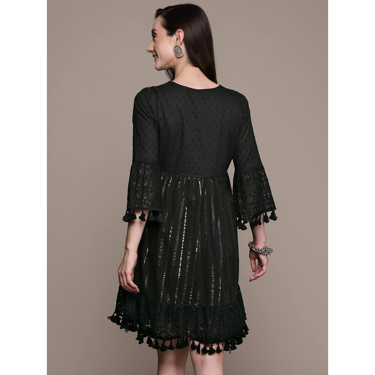 Ishin Women's Cotton Above Knee Length A-Line Indo Western Dress Inwdr0411_Bk_L_Black